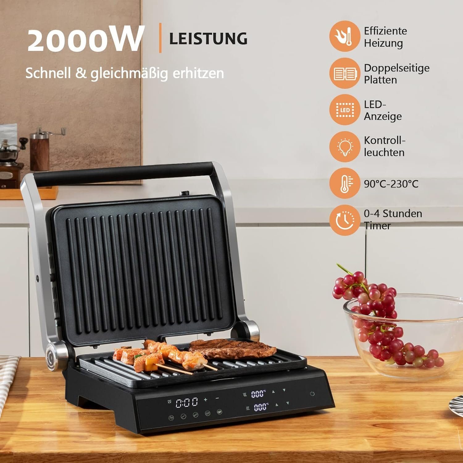 KOMFOTTEU Kontaktgrill Panini Pressgrill, 2000,00 W, 0-4H Timer, LED-Anzeige, 180° aufklappbar