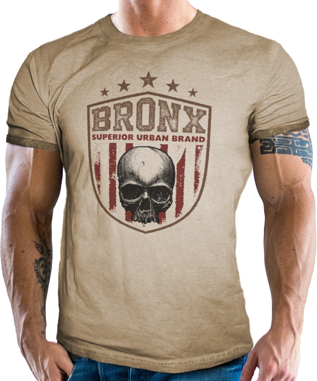 GASOLINE BANDIT® T-Shirt im Washed Sand Look für Biker, Racer: Bronx