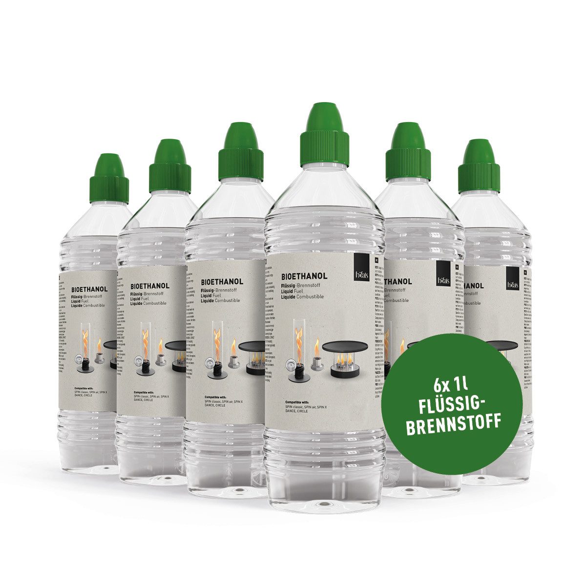 höfats Bioethanol Flüssig-Brennstoff, 6 l, (Packung, 6 Flaschen für SPIN mit Bioethanol-Burner und CIRCLE Tischgrill), Rauch- und Rußfreies Ethanol für Indoor und Outdoor