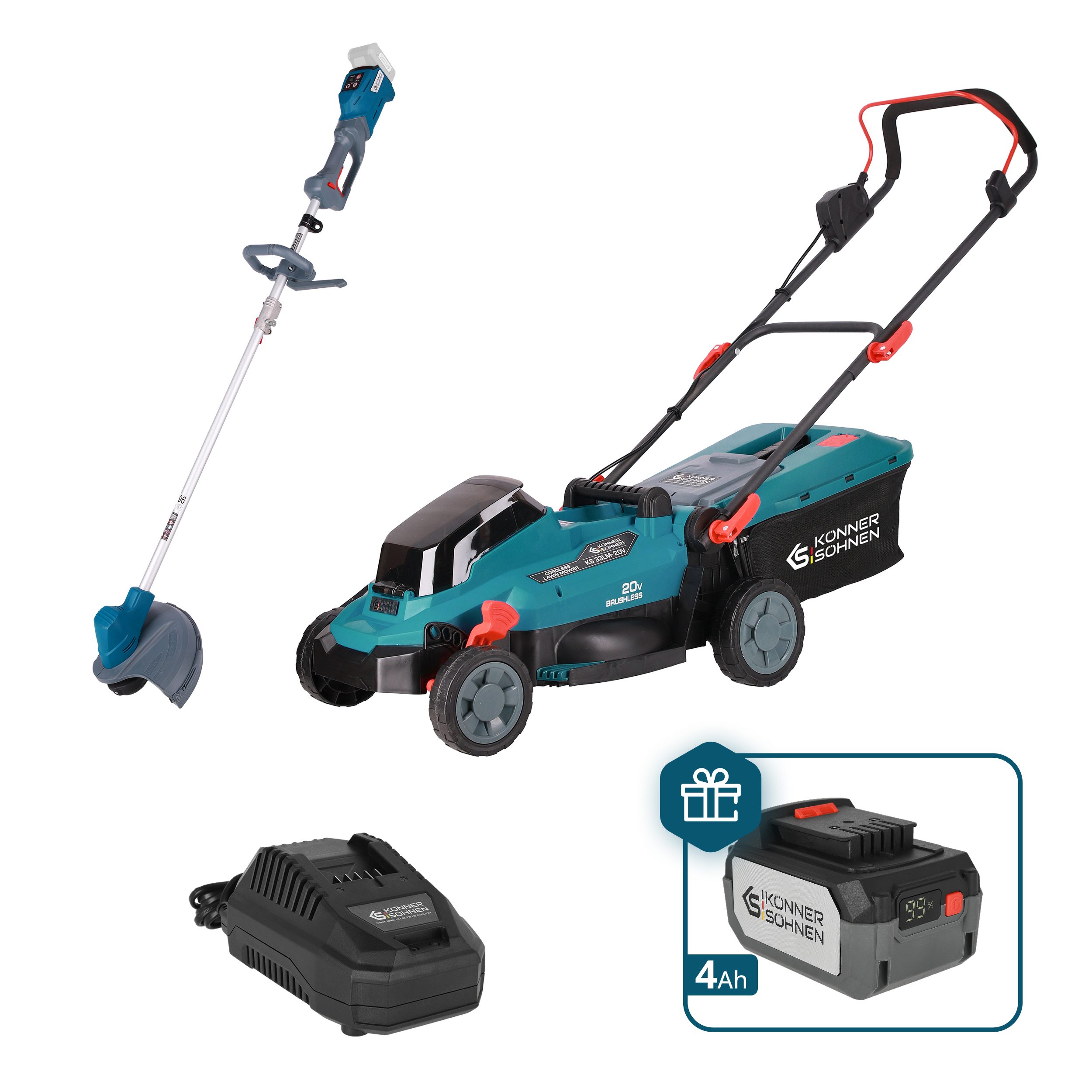 Könner & Söhnen Akkurasenmäher KS 33LM-BCT20V-SET, (Akku-Rasenpflege-Set mit Mäher, Trimmer, Akku & Ladegerät, Inklusive 4Ah Akku als Geschenk & 4,5A Schnellladegerät), Bürstenlose Motoren, Mulchfunktion, 2-in-1 Rasenmäher