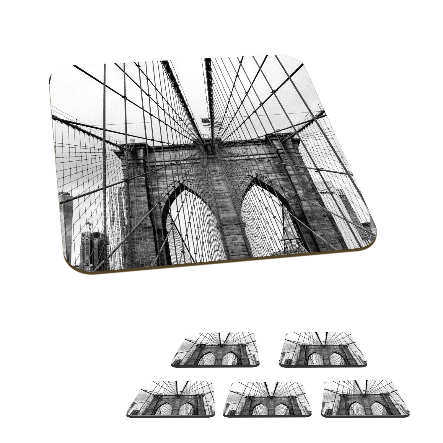 MuchoWow Glasuntersetzer Brücke - Architektur - Schwarz - Weiß - USA, Zubehör für Gläser, 6-tlg., Glasuntersetzer, Tischuntersetzer, Korkuntersetzer, Untersetzer, Tasse