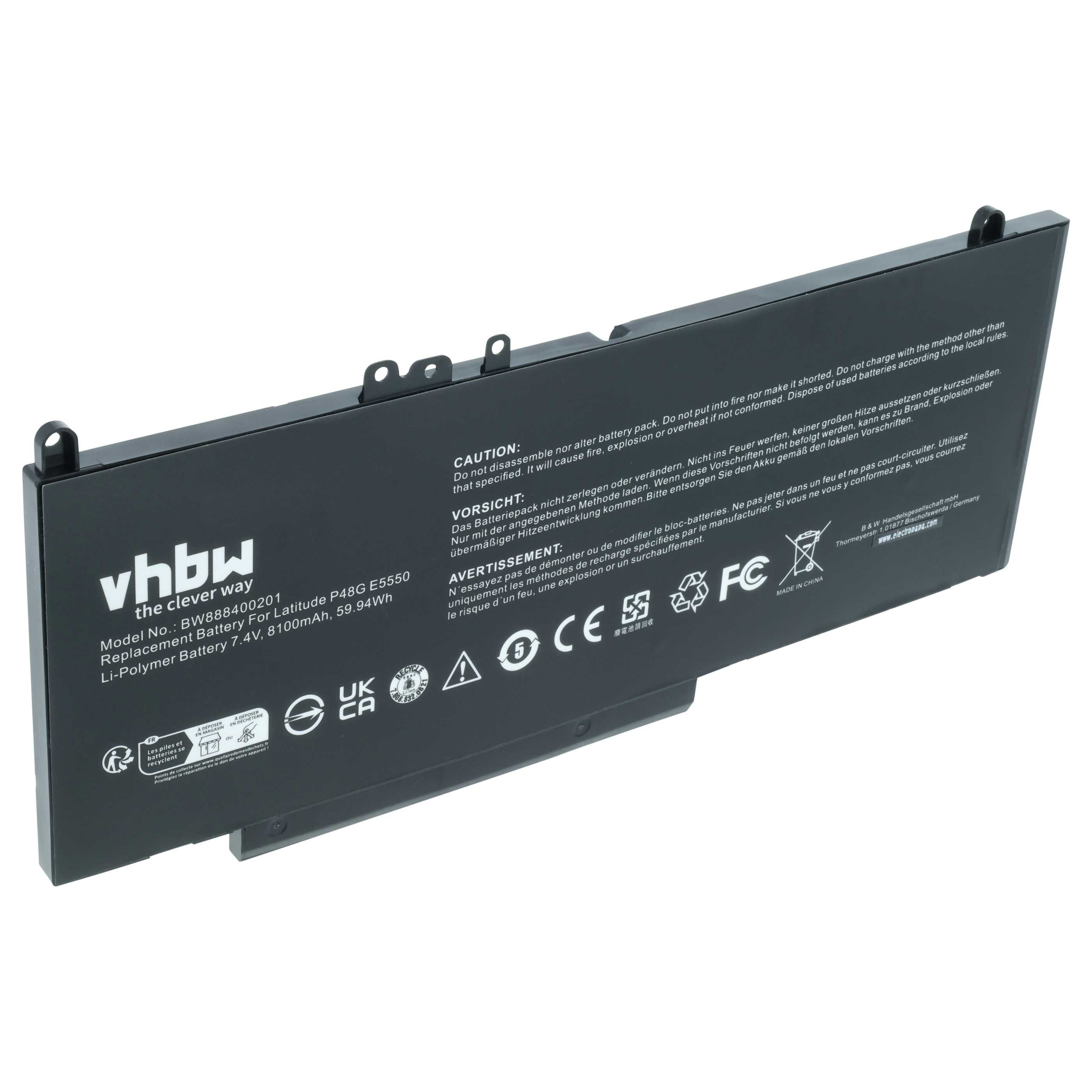 vhbw Akku Ersatz für Dell 079VRK, 6MT4T, 0G5M10, 7FR5J, 1KY05, 79VRK, Laptop-Akku Akku Li-Polymer 8100 mAh (7,6 V, 1 St), Leistungsfähiger Austausch-Akku für Notebook, Wiederaufladbar, Jede