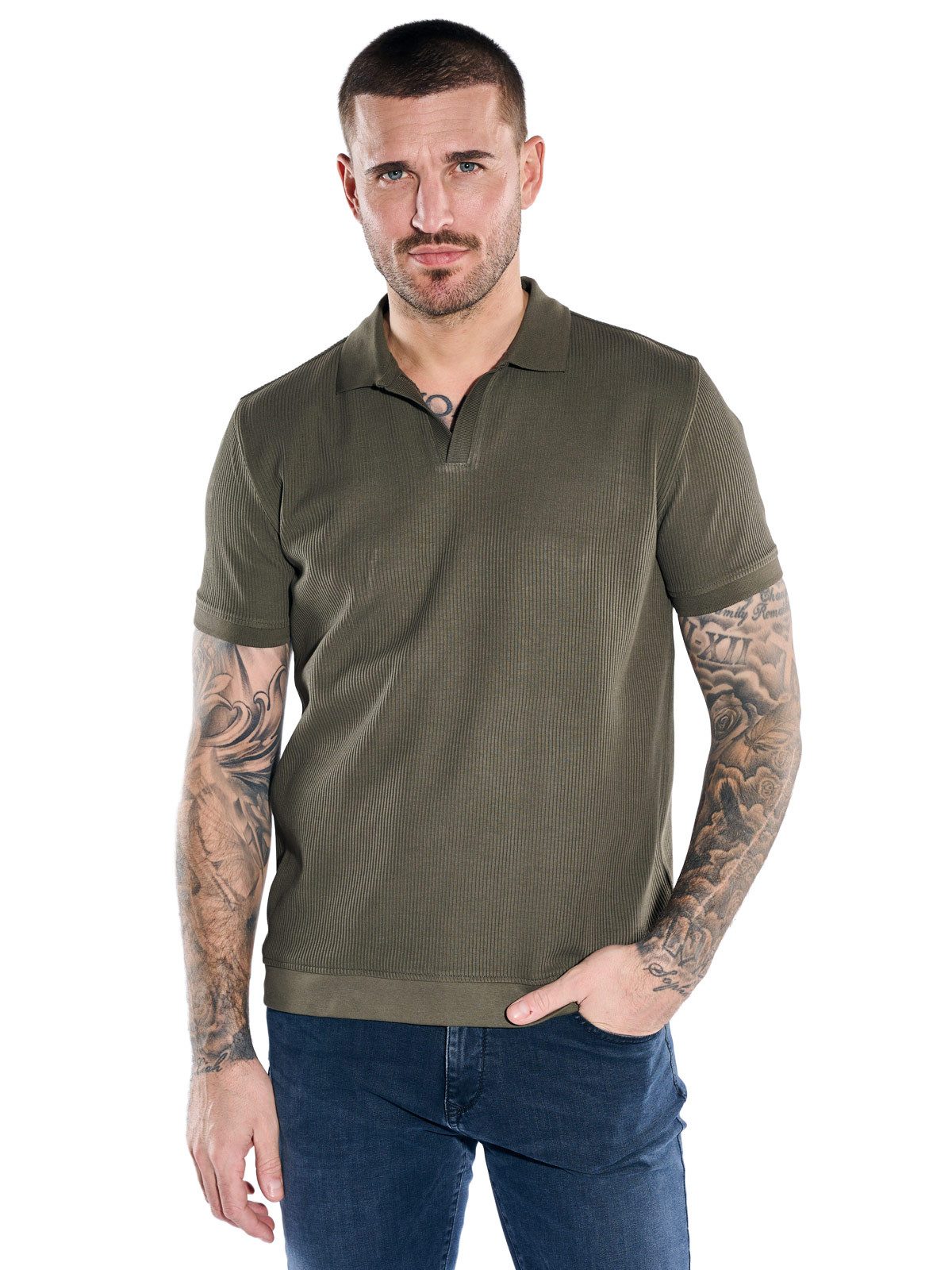 Poloshirt Herren Poloshirt mit besonderem Kragen, Oliv