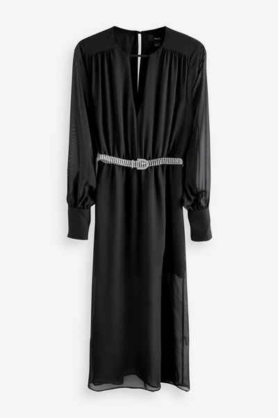 Next Midikleid Langärmeliges Kleid mit Strass-Gürtel (1-tlg)