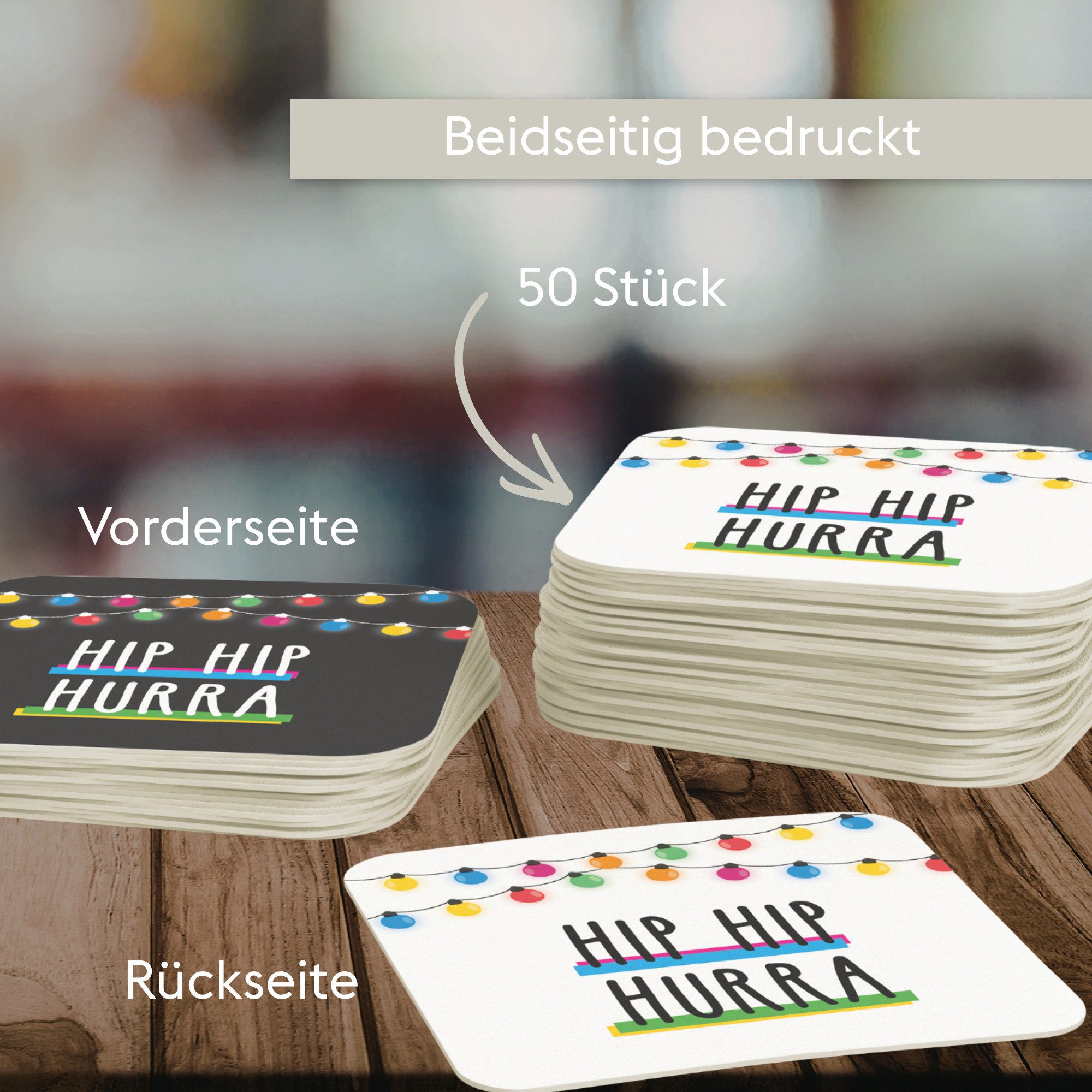 FLYERALARM Bierdeckel Hip Hip Hurra I Schwarz - Weiß I 50 Stück I Rechteckig, Deko Garten Hochzeit Geburtstag Minimalistisch Jubiläum Feier