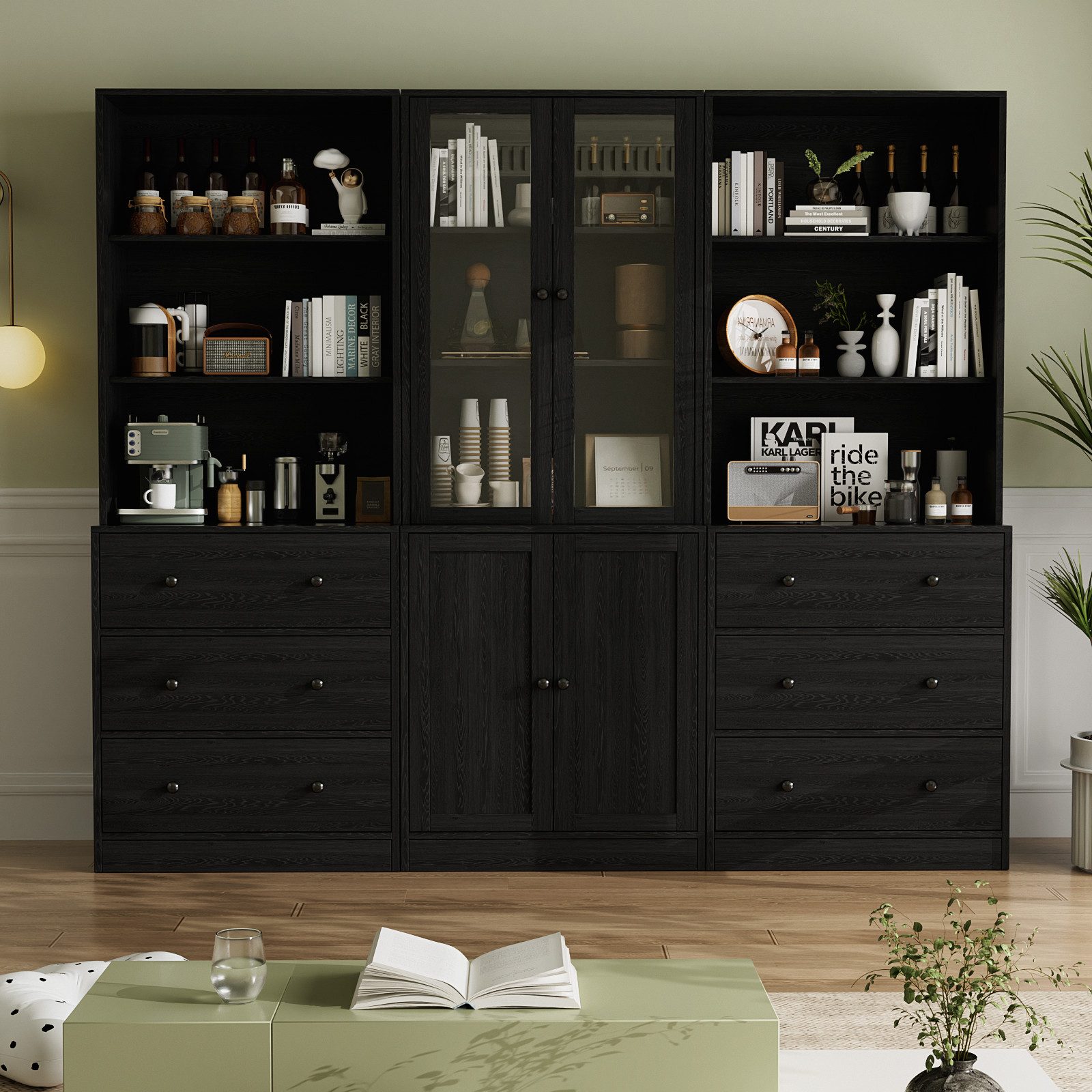 VOWNER Bücherregal 5-stöckiges Bücherregal mit Glastüren, 180 cm Vitrinenschrank, 3-tlg., multifunktionaler Küchenschrank Hochschrank & Buffetschrank