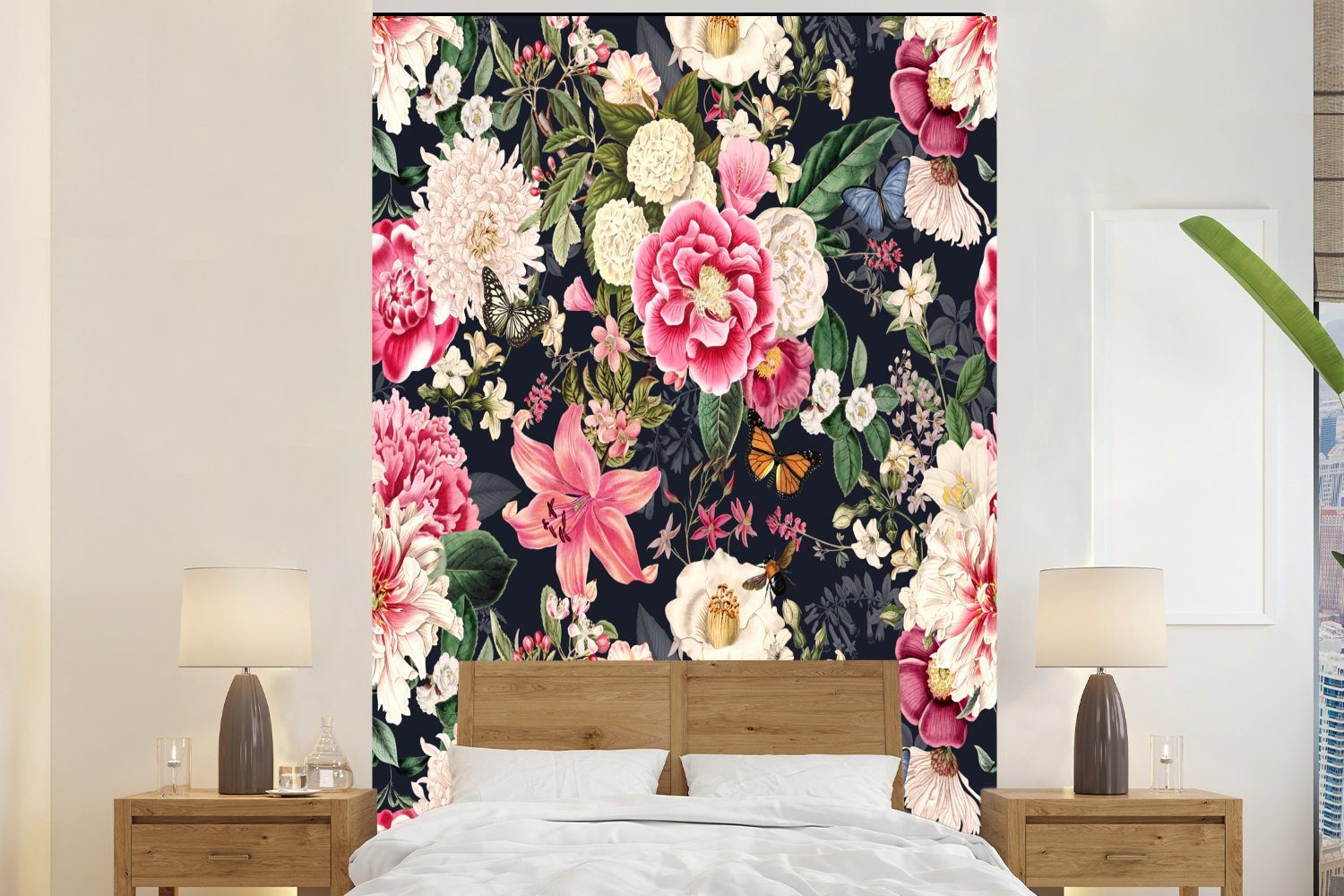 MuchoWow Fototapete Blumen - Muster - Rosa, Matt, bedruckt, (3 St), Montagefertig Vinyl Tapete für Wohnzimmer, Wandtapete