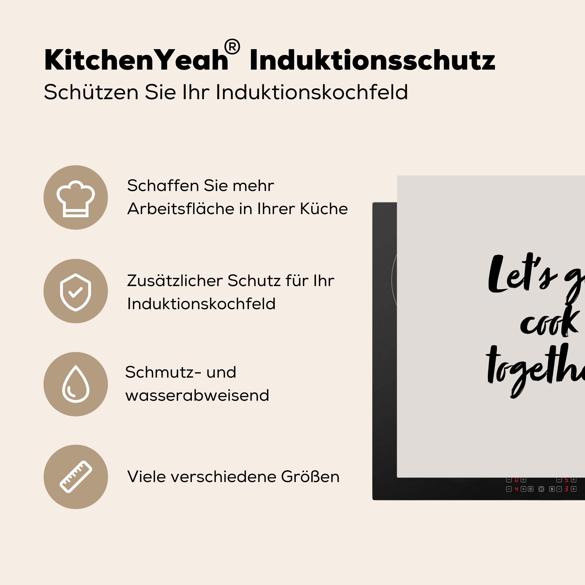 Lass Vinyl, Arbeitsplatte Ceranfeldabdeckung, Herdblende-/Abdeckplatte für - (1 Induktionsschutz küche - Zitate cm, gemeinsam, 78x78 uns - tlg), Induktion - Kochen MuchoWow