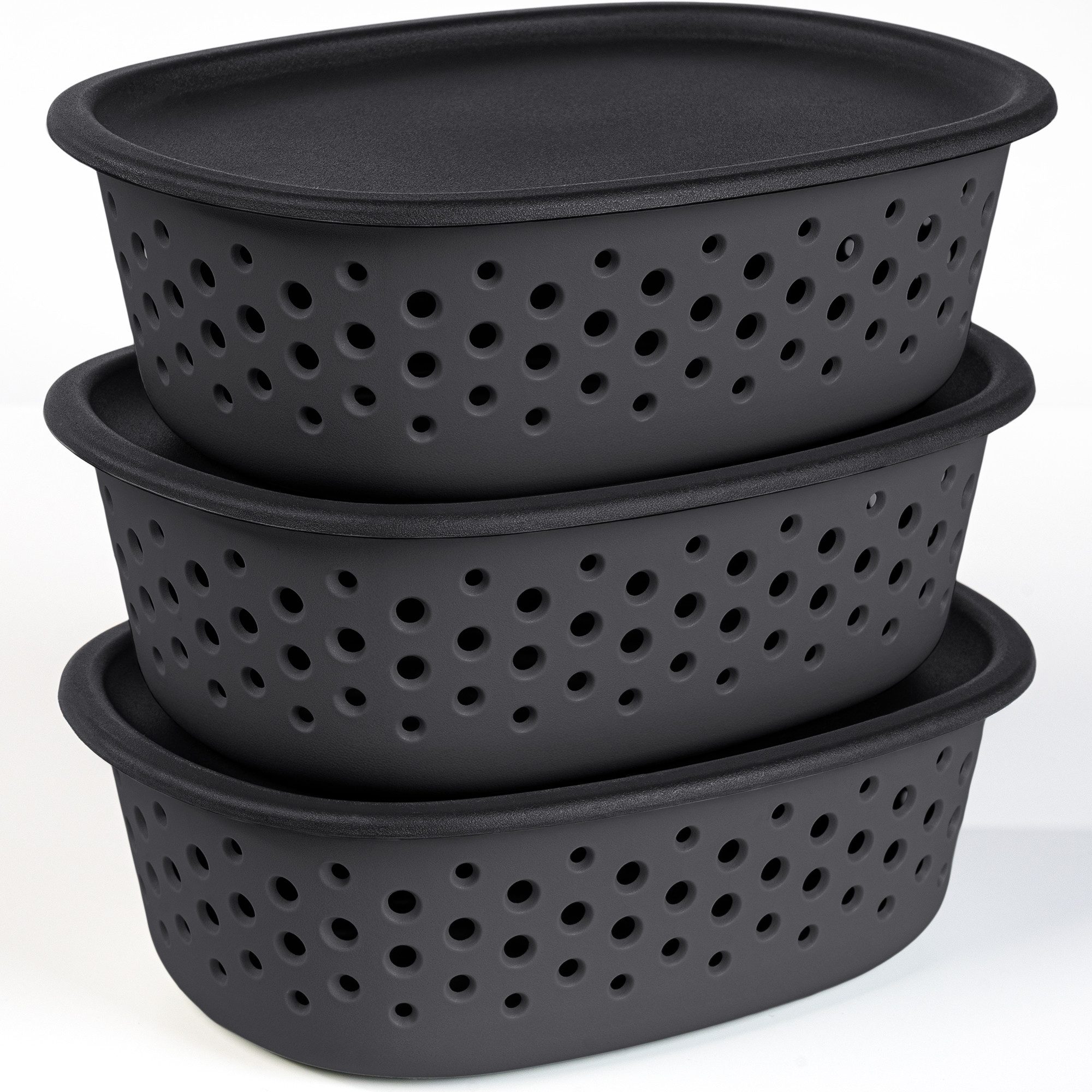 KONZEPT Aufbewahrungsbox set aus 3 Kunststoffkörben mit Deckel und integrierten Griffen, Büro,Badezimmer,Kinderzimmer,Schlafzimmer, Wohnzimmer,Kleiderschrank