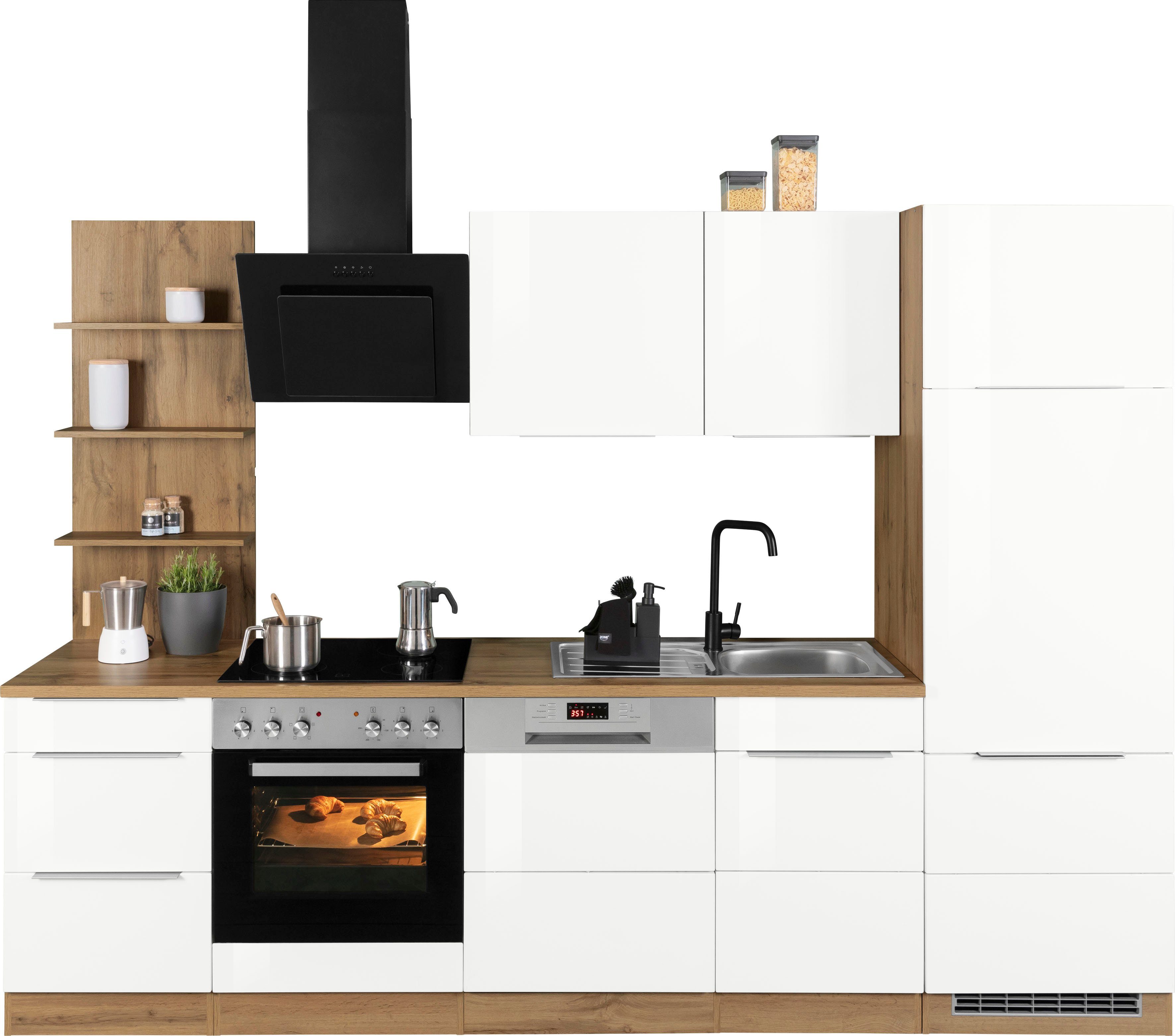 HELD MÖBEL Küchenzeile Brindisi, mit E-Geräten, Breite 280 cm weiß Hochglanz/wotaneichefarbe | wotaneichefarben | Küchenzeilen mit Geräten