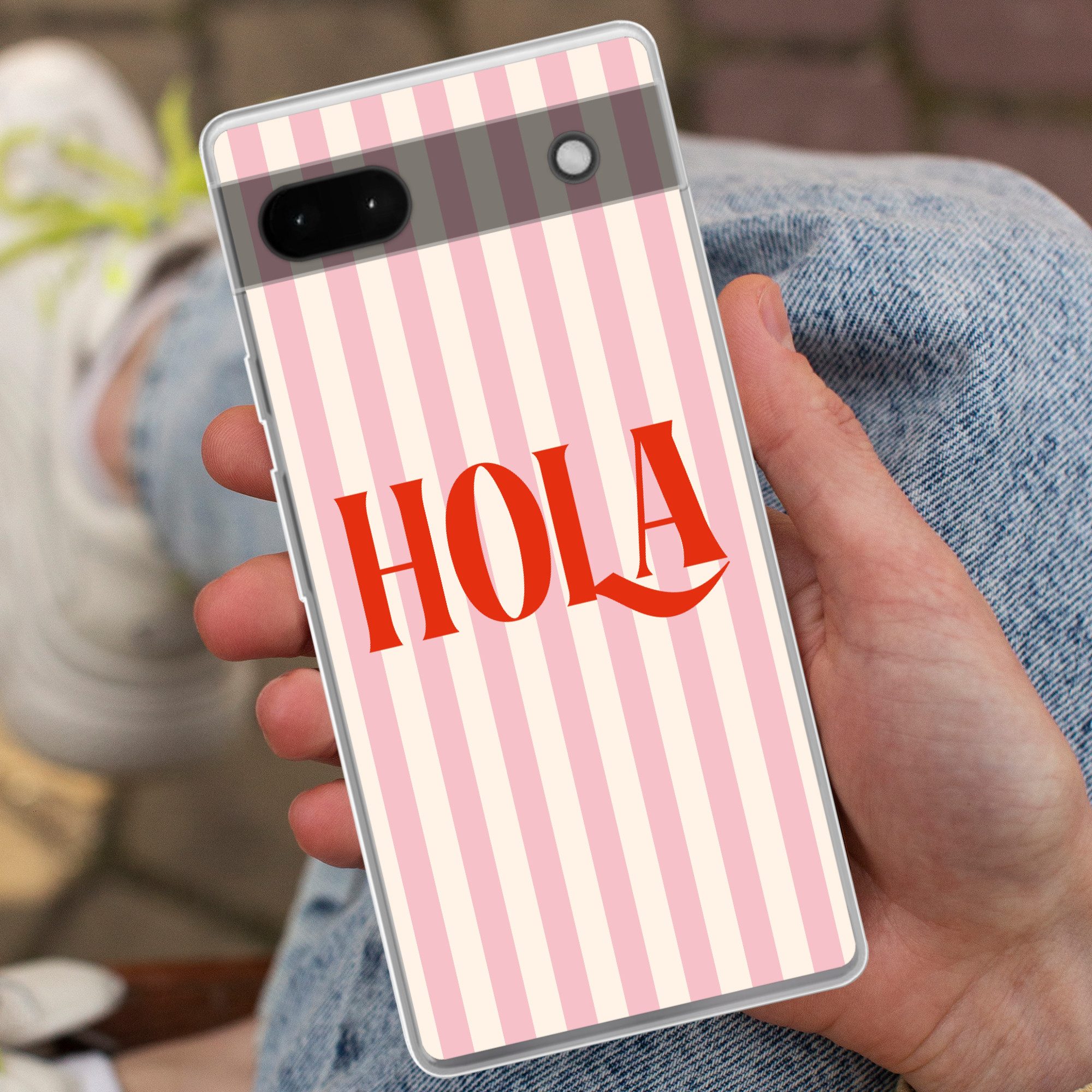 MuchoWow Handyhülle für Google Pixel 6a Hola - Zitat - Streifen - Pastell - Rosa - Rot - W, Phone Case, Silikon, Schutzhülle Dünn