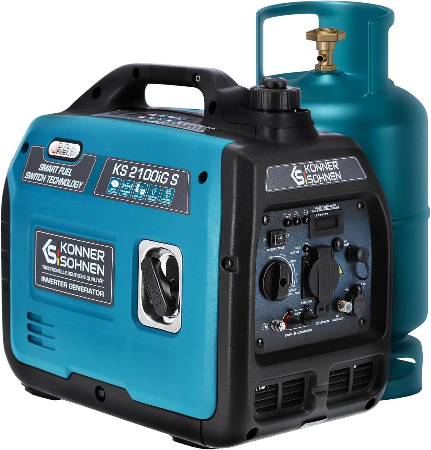 Könner & Söhnen Stromerzeuger KS 2100iG S, 2,00 in kW, (Schallgedämmtes Gehäuse (62 dB Lpa 7 m), 1-tlg., Schuko-Steckdose 230 V, 2 USB-Anschlüsse, LED-Anzeige), Kurzschluss- und Überlastschutz, Abgasnorm EURO V