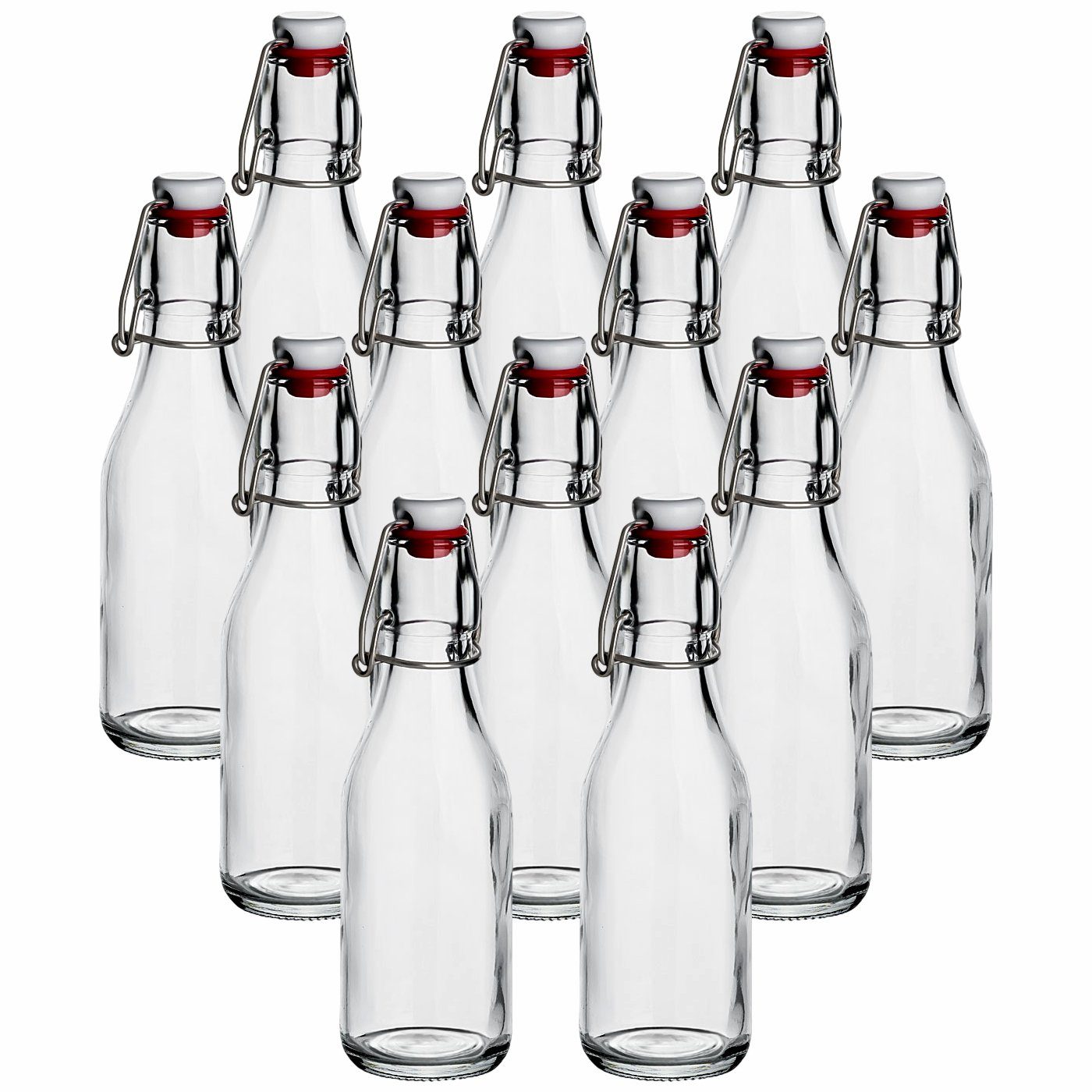 gouveo Trinkflasche Glasflaschen 250 ml rund mit Bügelverschluss rot - Bügel-Flasche, 12er Set