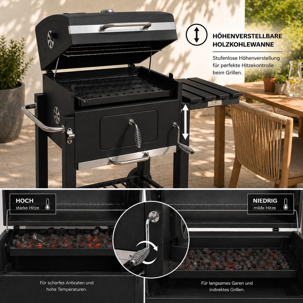 Strattore Holzkohlegrill Grill BBQ Grillwagen XL höhenverstellbar mit Rädern – Bild 4 von 5