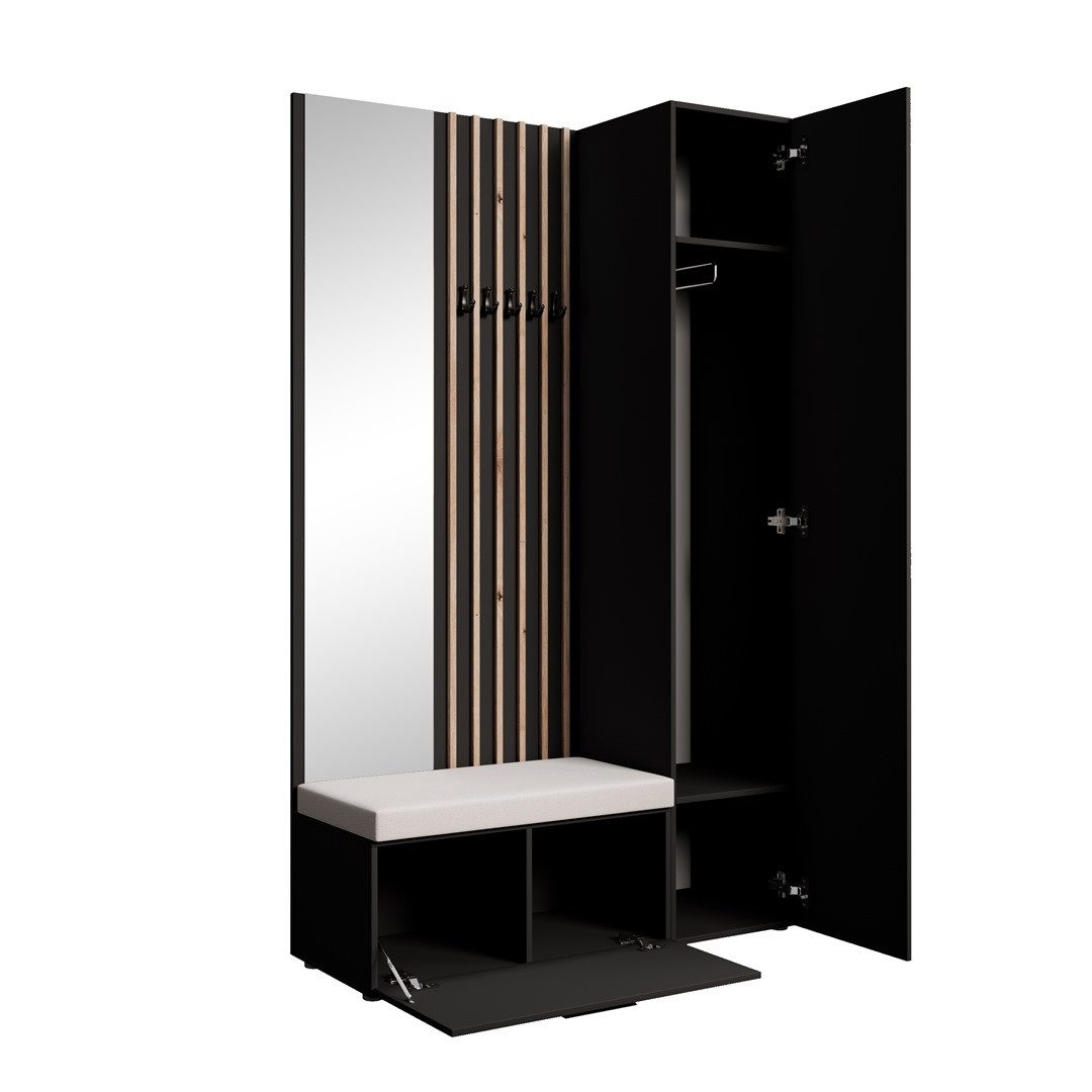 Beautysofa Garderoben-Set MARGARET Flurgarderobe mit Spiegel, (Kleiderschrank, Schuhschrank, Sitzbank, Kleiderstange, Flurmöbel-Set mit Lamellen), verschiedene Farben und Breiten