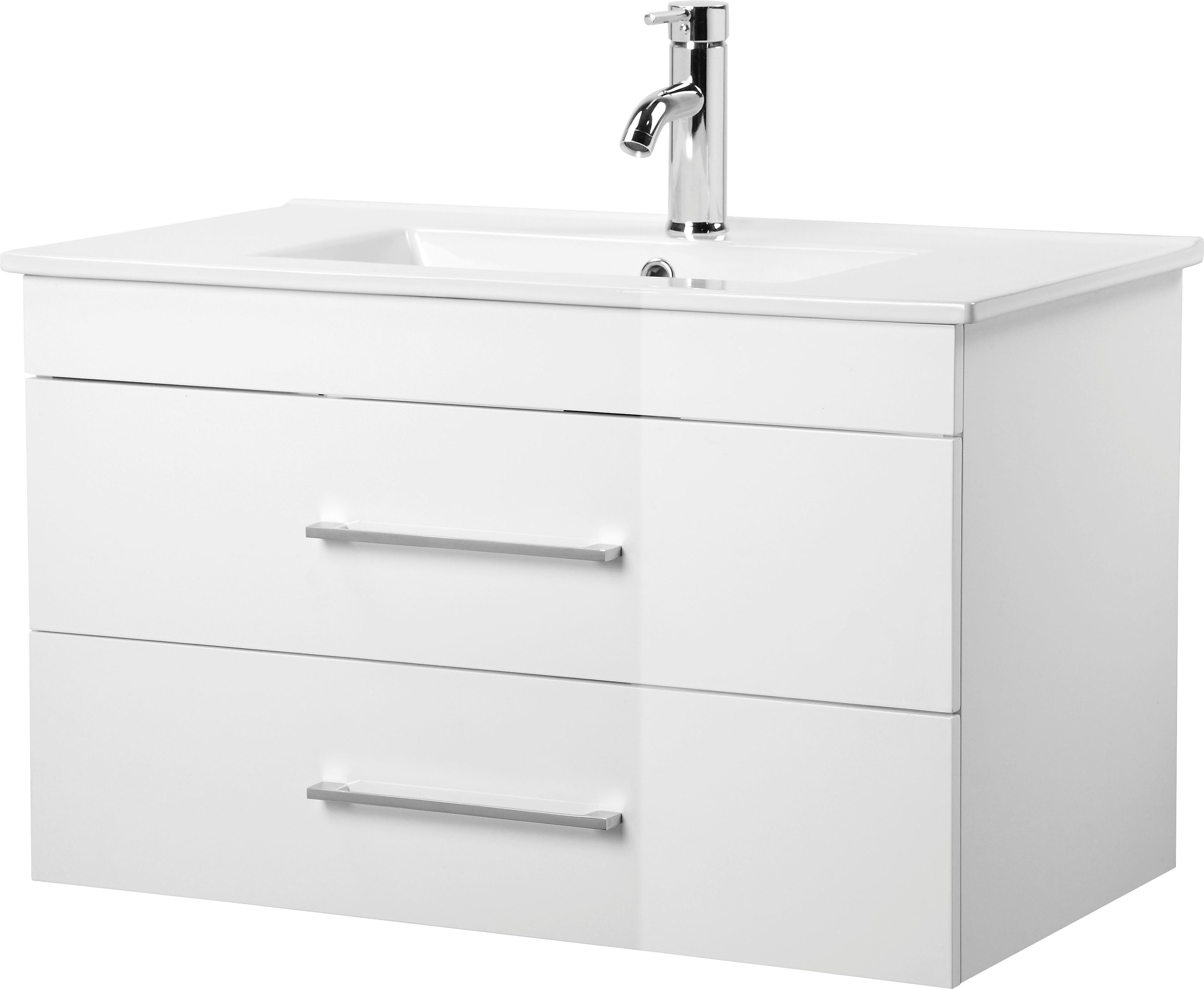 welltime Waschtisch Florenz Badmöbel Badschrank mit Waschbecken, Waschplatz mit 2 Auszügen und Softclose Breite 80cm