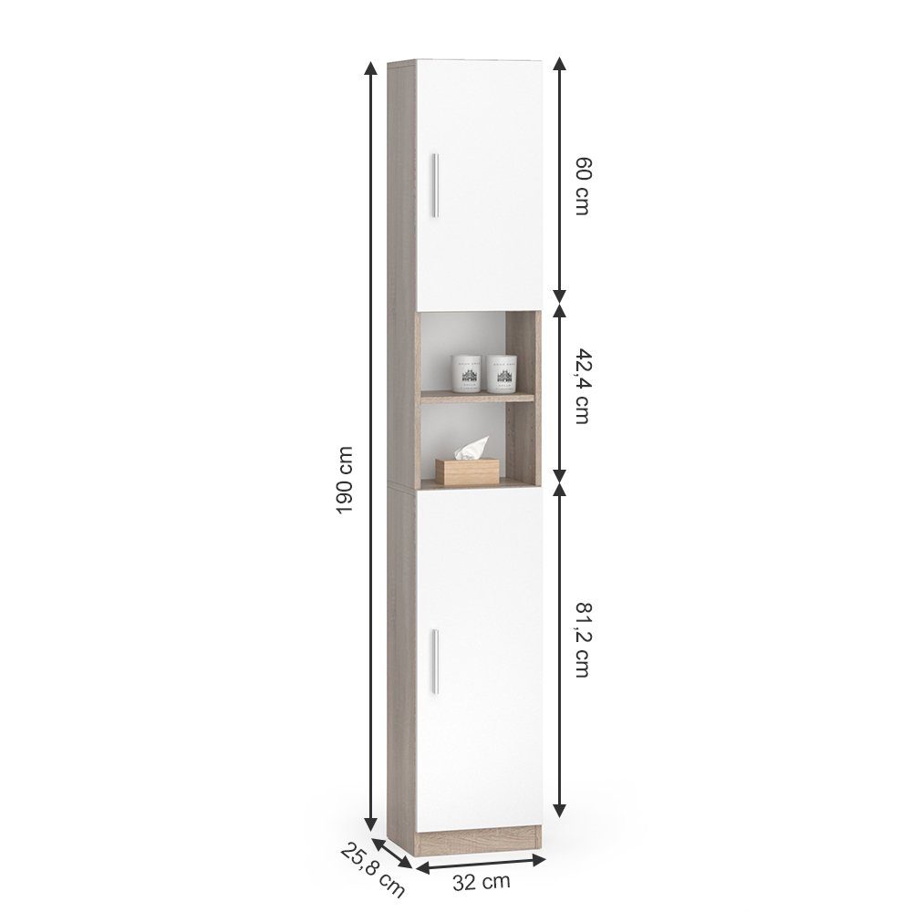 Vicco Hochschrank Luis, Weiß/Sonoma, 32 x 190 cm (1-St)