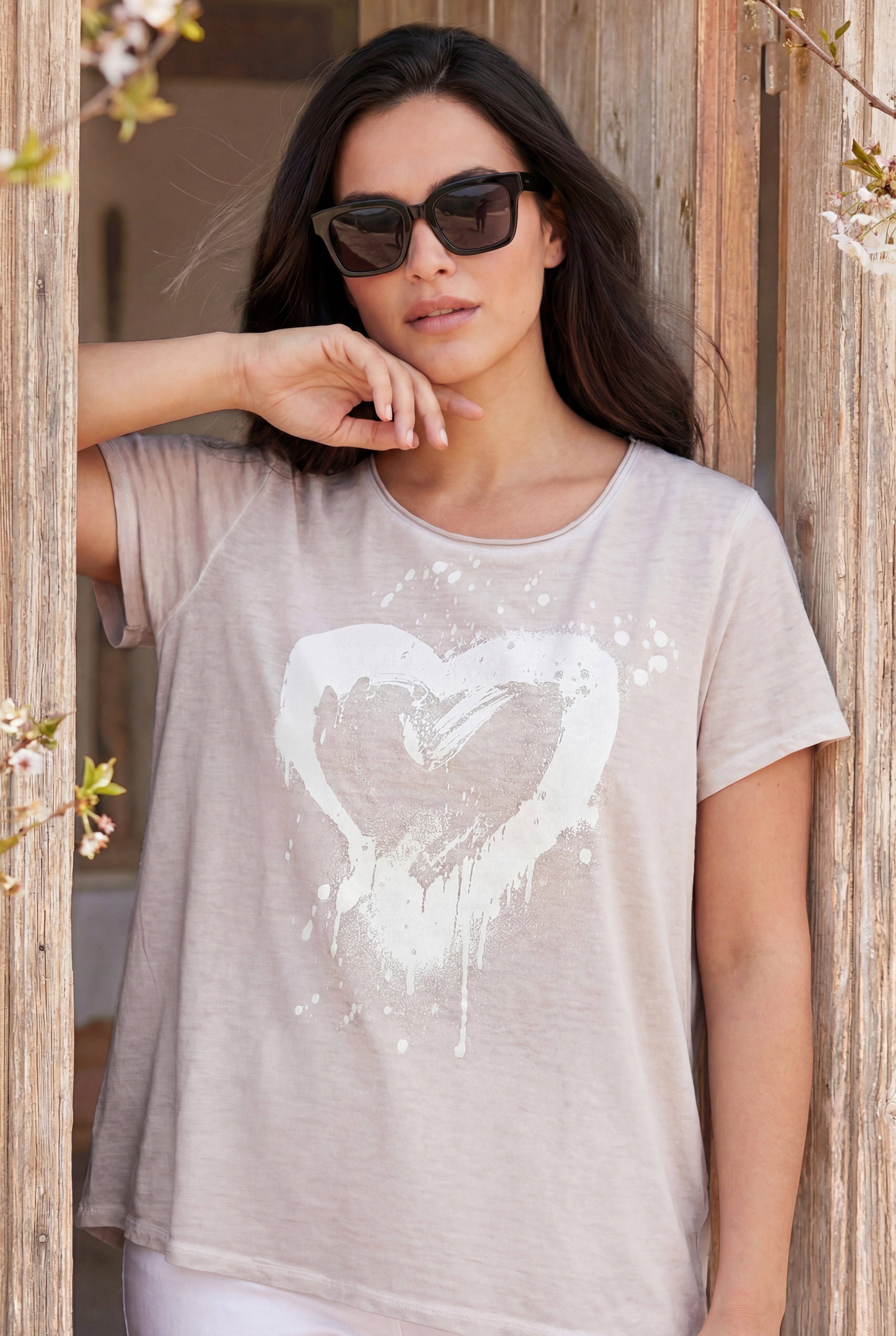 T-Shirt Baumwolle Modal T-Shirt mit Herz Print Frühling Trend Damen