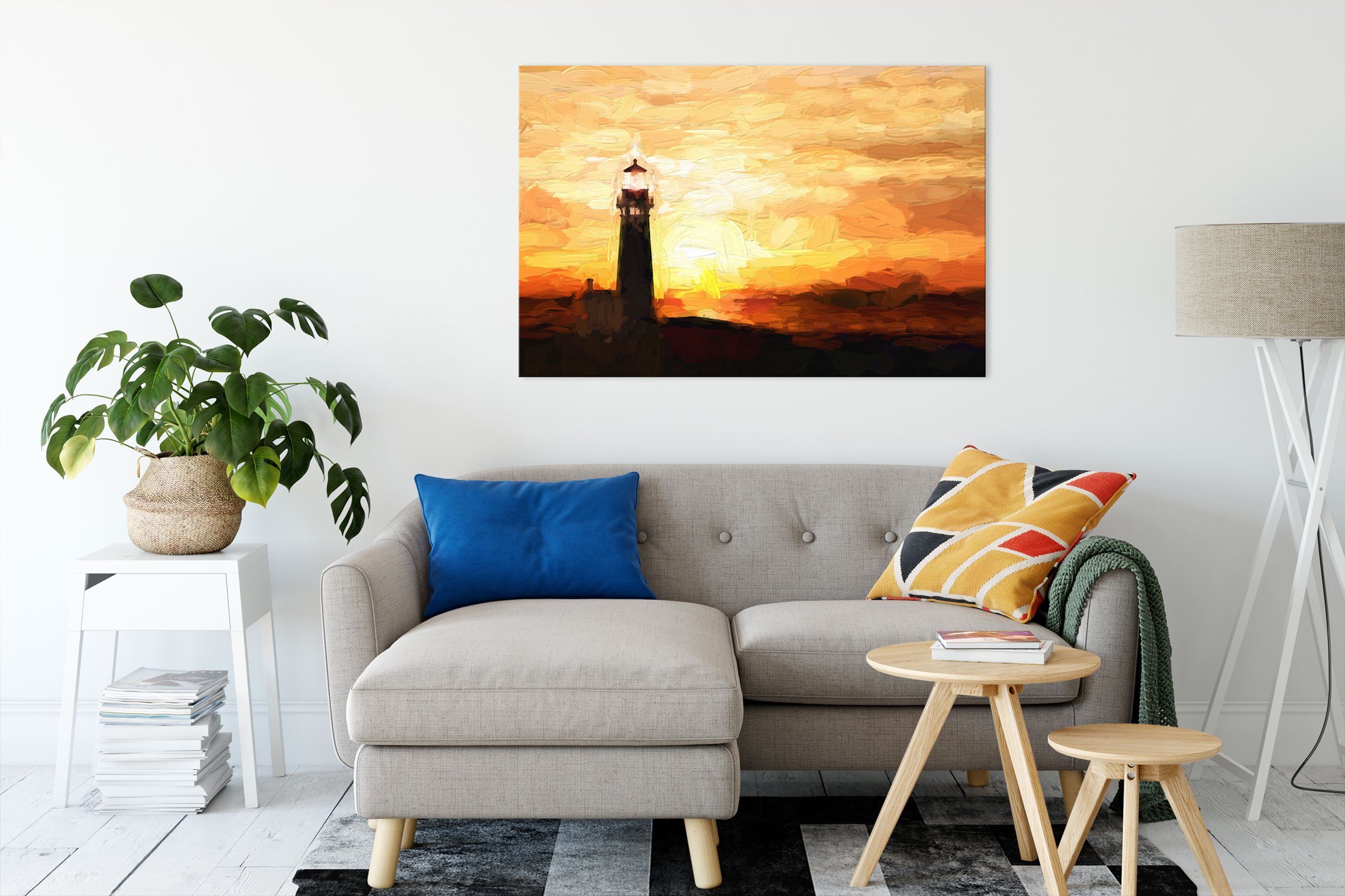 Leuchtturm St), Leuchtturm Leinwandbild im Leinwandbild bespannt, (1 inkl. im fertig Sonnenuntergang Pixxprint Sonnenuntergang, Zackenaufhänger