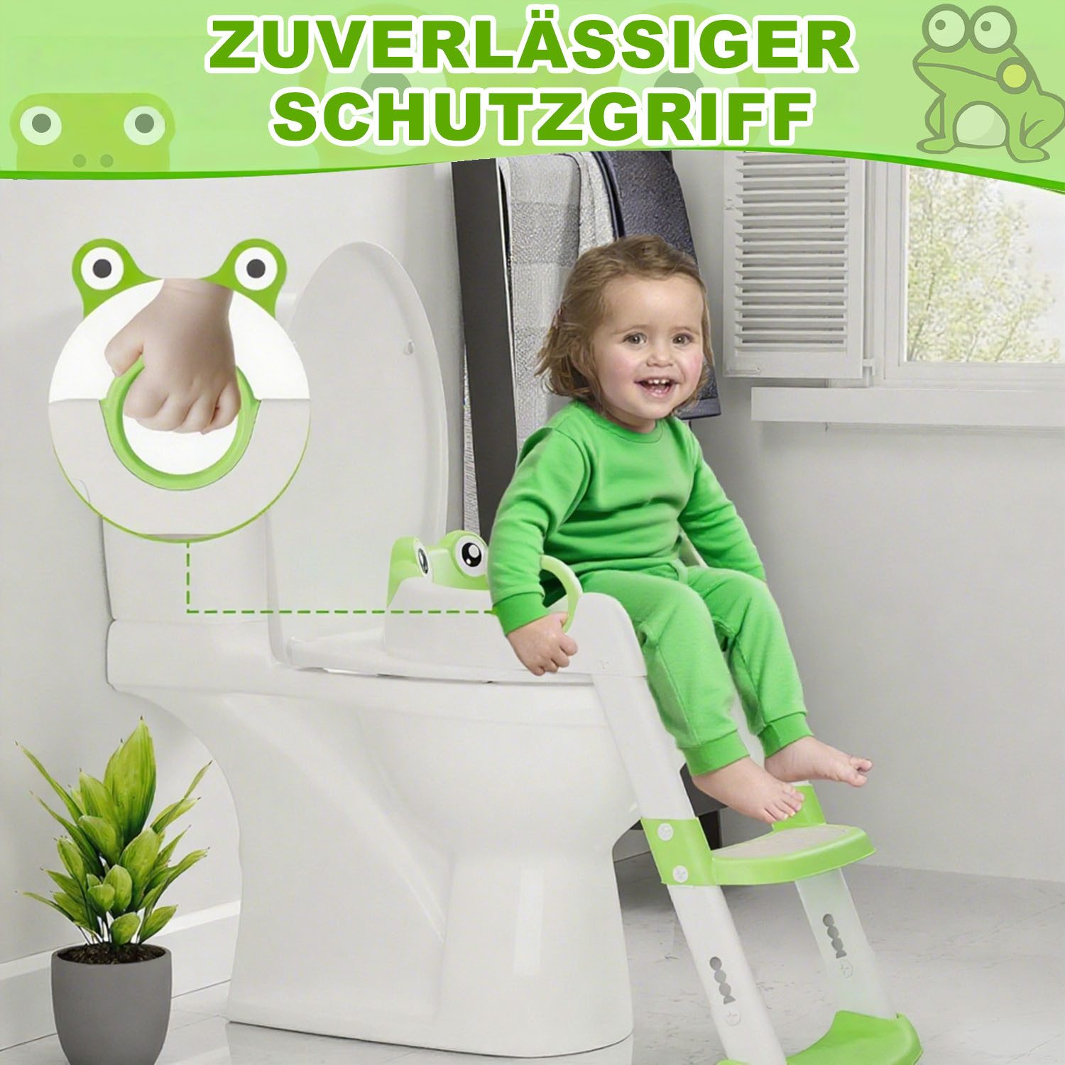 HEYHIPPO Toilet Trainer Children's Toilet Seat with Steps, Non-Slip, PU Upholstery, Foldable, Children's Toilet Trainer, Non-Slip, Ergonomic, Grey-Green, 59x38x34cm