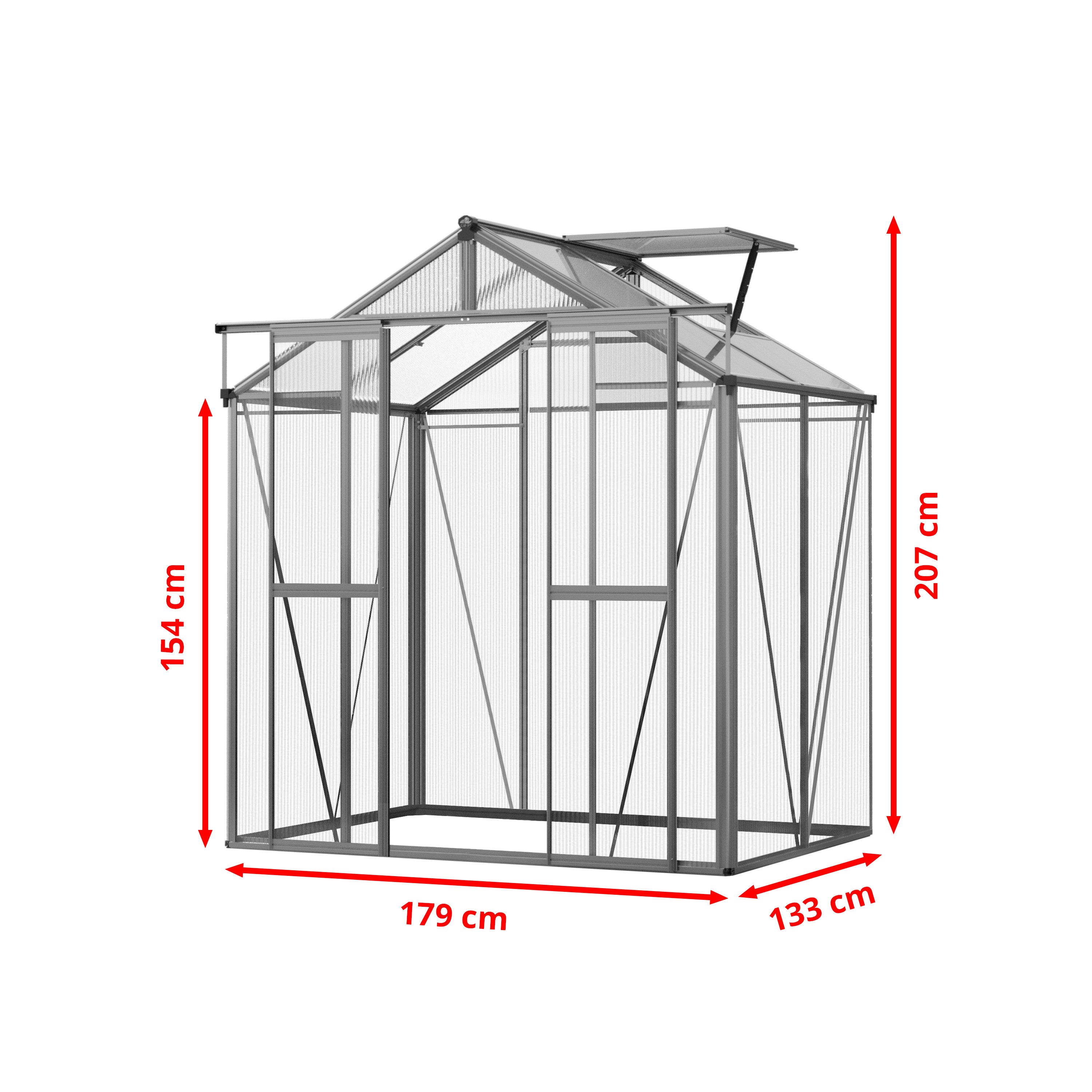 GFP Gewächshaus Picco 2 BxTxH 179 x 133 x 207 cm, 8 mm Wandstärke, inkl. Fundamentrahmen & 1 autom. Fensteröffner, Aluminium-Rahmen