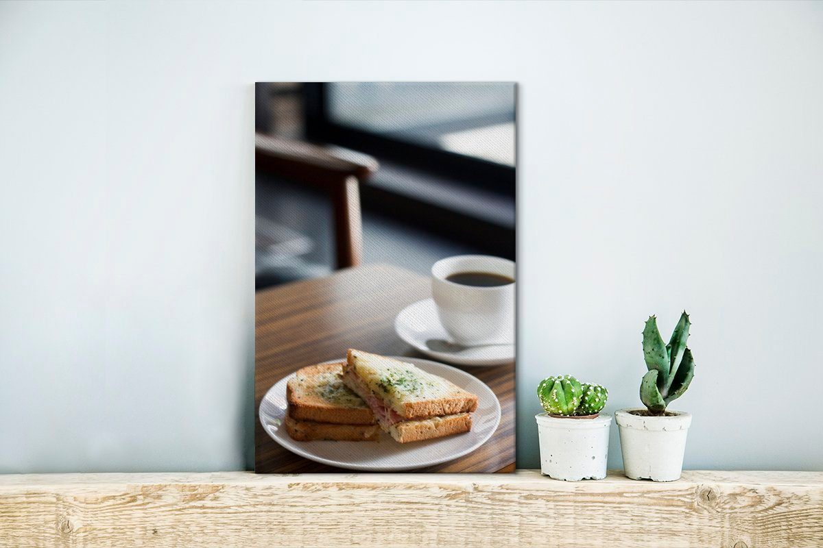 bespannt Gemälde, Leinwandbild Zackenaufhänger, zum cm OneMillionCanvasses® Kaffee 20x30 (1 inkl. fertig Leinwandbild Frühstück, St), mit Toast