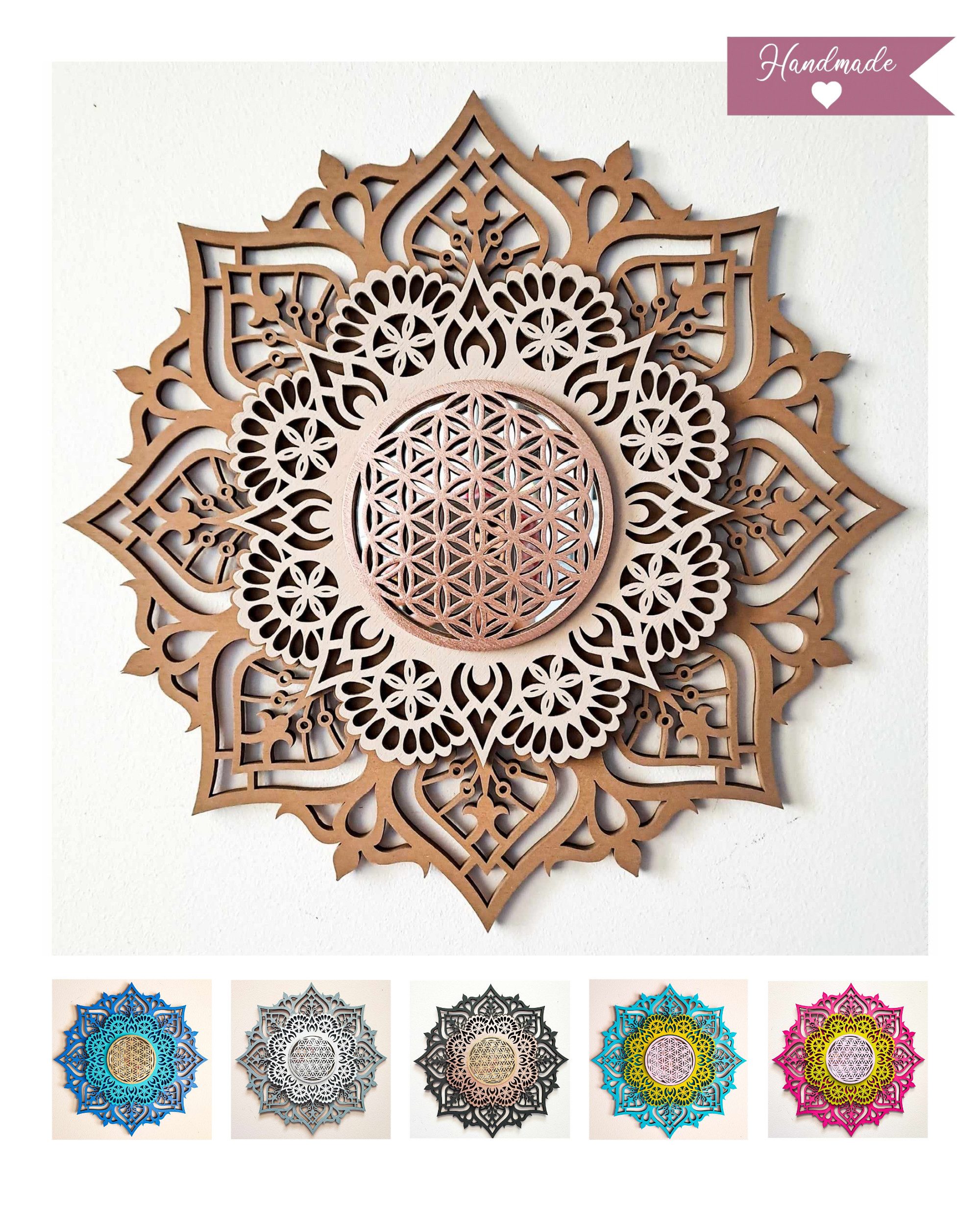 ORNAMENTI Wanddekoobjekt 3D MANDALA, Grosse moderne boho Wanddeko, Holz, 3 Schichten, Spiegel (moderne Deko Anhanger, Yoga Wandsculptur, Holzbild, stilvolle Wanddekoration, Wandpaneel, Ornament, geschnitz Wandrelief), Verzierung fur Zuhause, Wohnzimmer, S