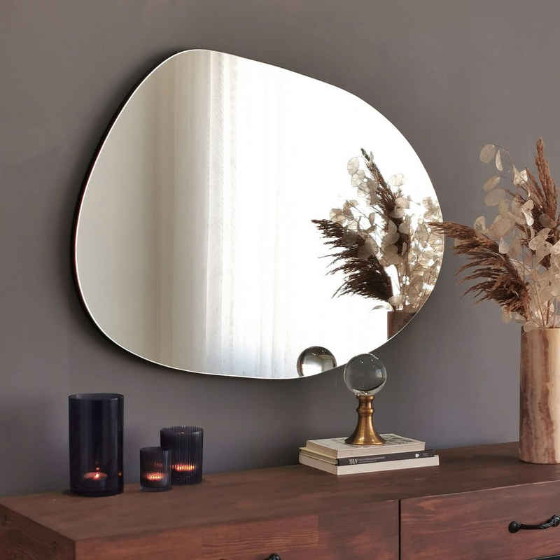 Gozos Spiegel Wandspiegel mit hölzerner Unterseite l Asymmetrischer Spiegel (75 x 55 cm), Mirror Spiegel gerahmt zum Aufhängen