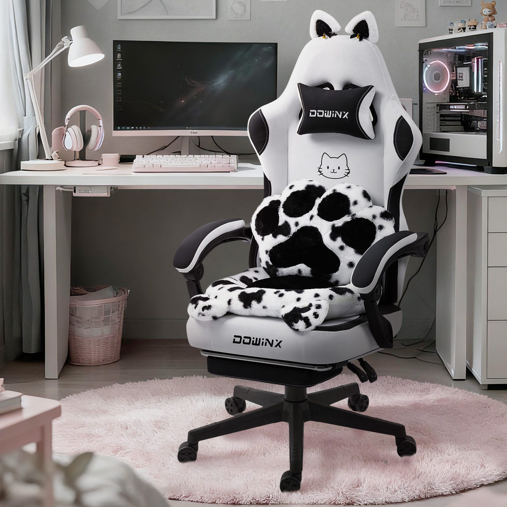 Dowinx Gaming-Stuhl Niedlich mit Katzenohren, Pfoten-Lendenkissen und Sitzkissen, (Packung), Ergonomischer Computerstuhl mit Fußstütze, PC-Spiele-Stuhl für Mädchen