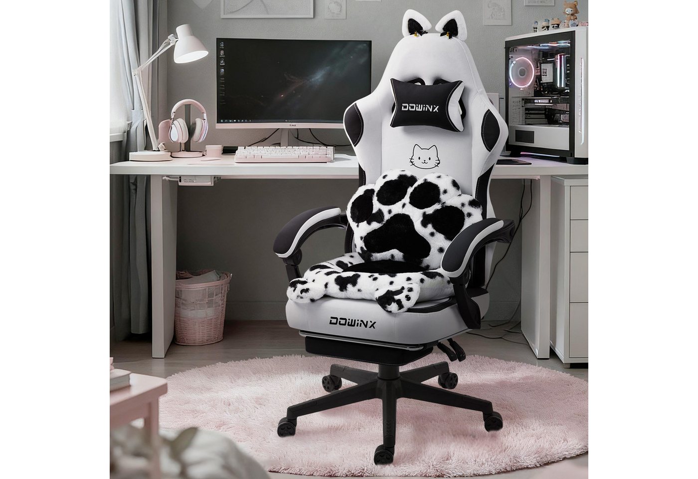 Dowinx Gaming-Stuhl Niedlich mit Katzenohren, Pfoten-Lendenkissen und Sitzkissen, (Packung), Ergonomischer Computerstuhl mit Fußstütze, PC-Spiele-Stuhl für Mädchen