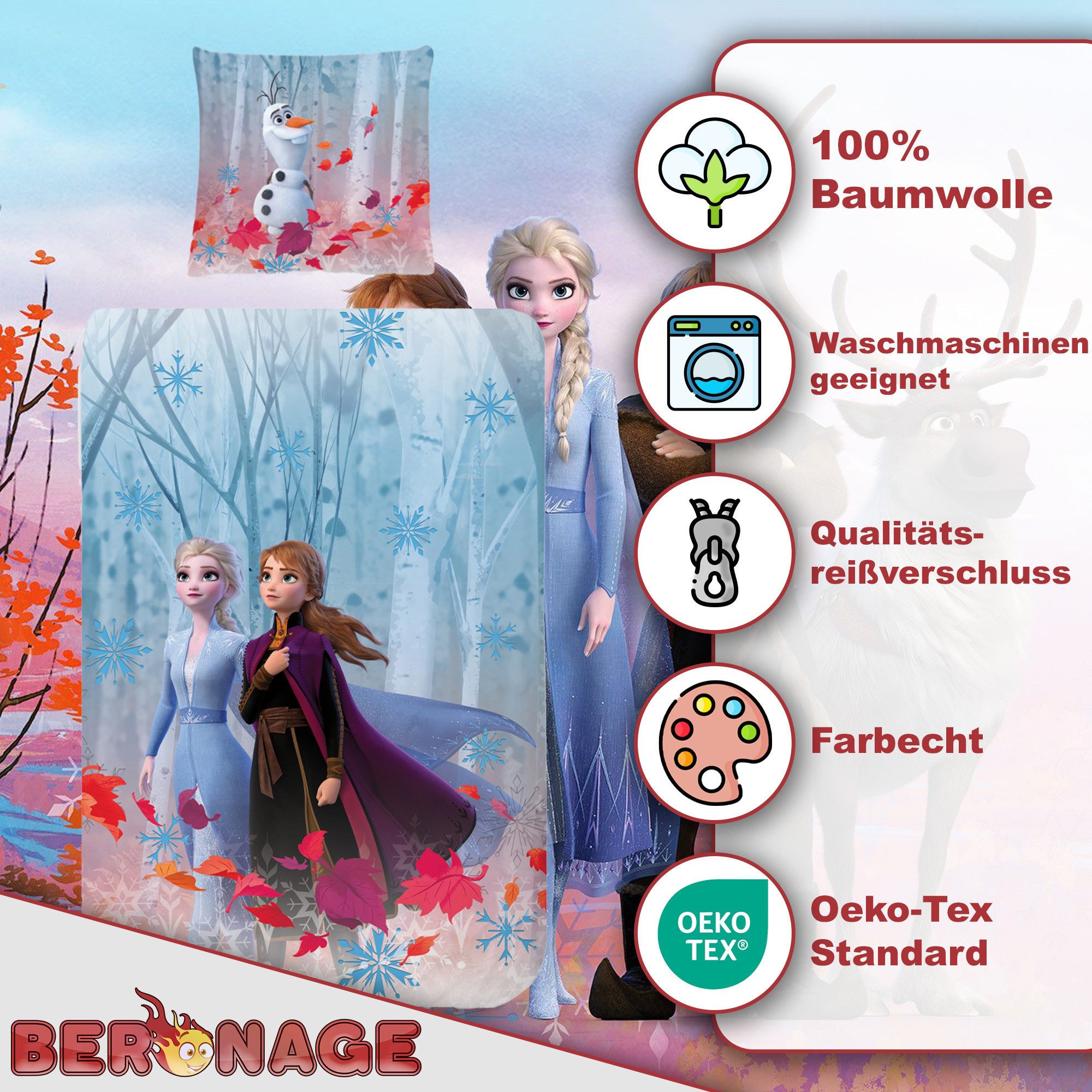BERONAGE Kinderbettwäsche Frozen Die Eiskönigin Team Bettwäsche Biber / Flanell Bettbezug Elsa, 100% Baumwolle, 2 teilig, 135x200 + 80x80 cm – Bild 3 von 5