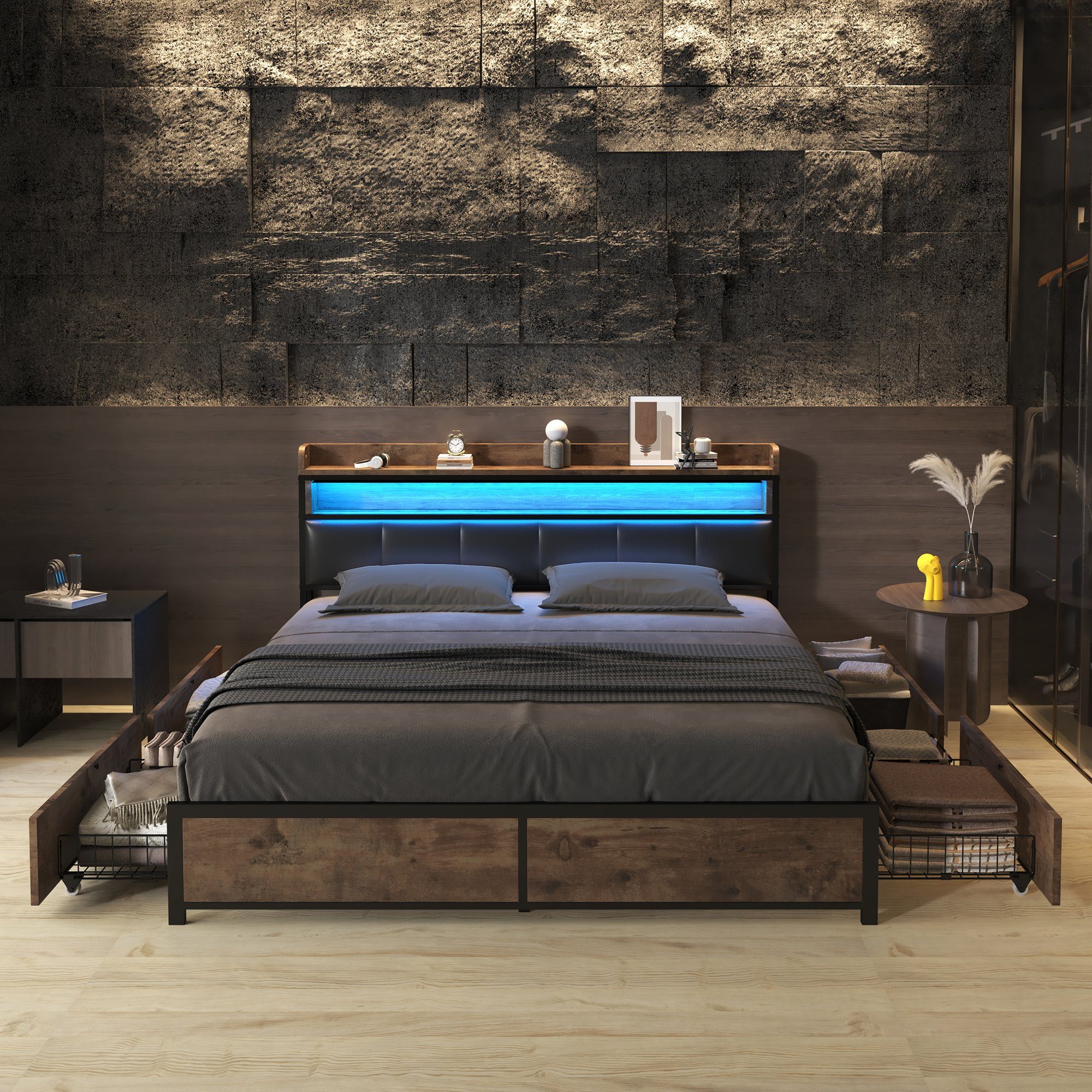 OKWISH Holzbett Polsterbett Jugendbett (160x200 cm Ohne Matratze, LED-Bett, Jugendbett, mit 4 Schubladen)