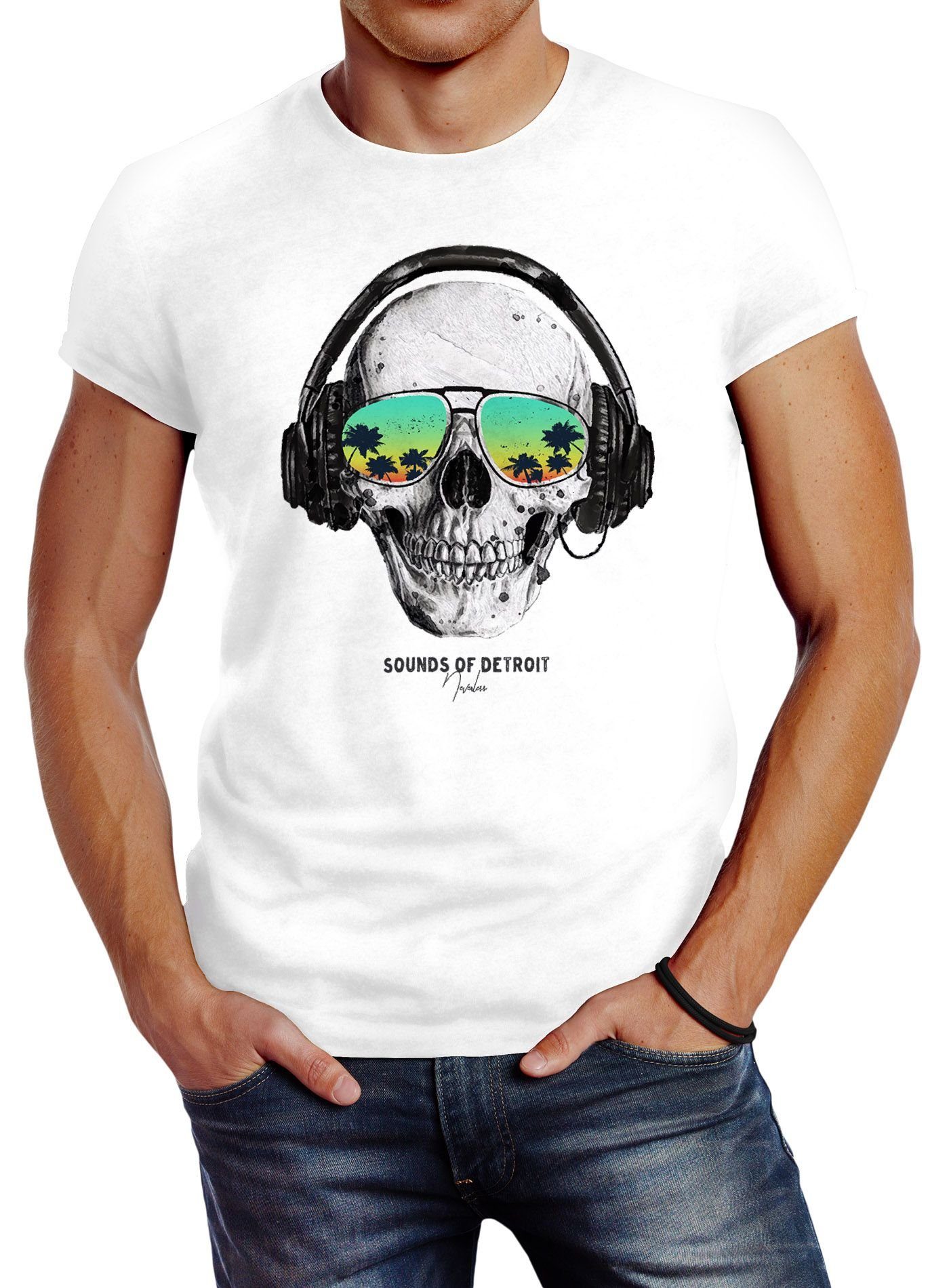 Neverless Print-Shirt Herren T-Shirt Totenkopf Kopfhörer Musik Party Skull Sonnenbrille mit Print