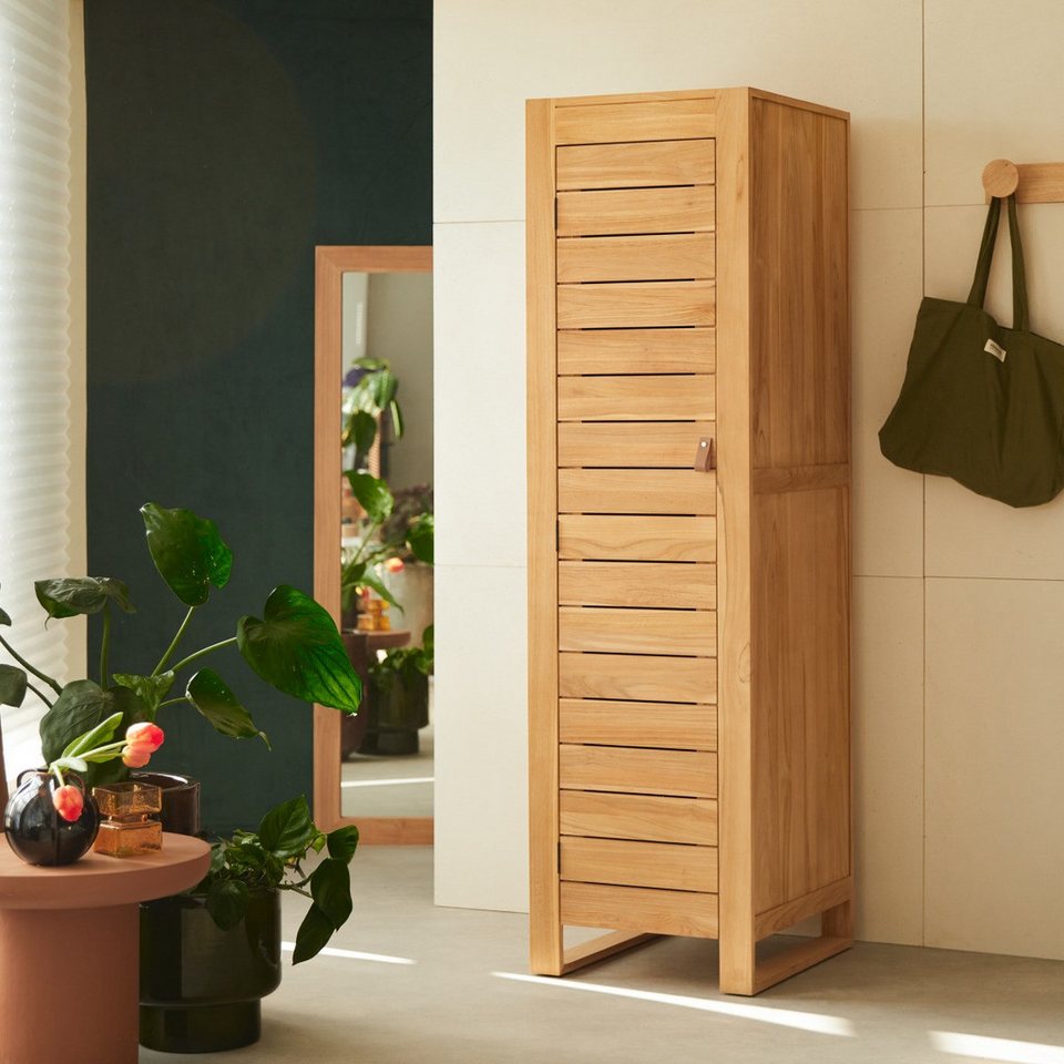 Tikamoon Buffet Schmaler Schrank für Flur oder Wohnzimmer 180 cm Teakholz Lattenoptik