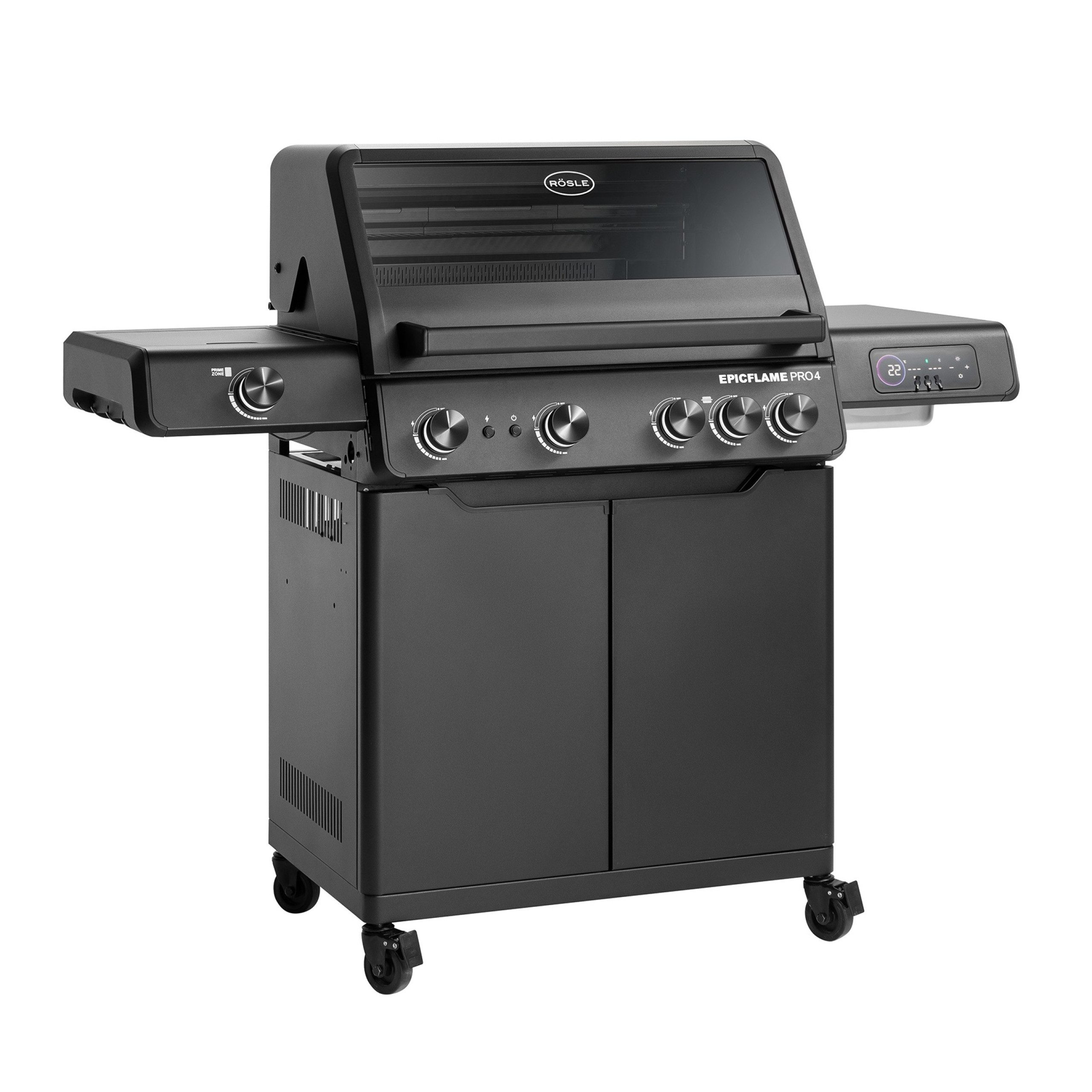 RÖSLE Gasgrill Rösle Gasgrill EPICFLAME PRO 4 Schwarz mit PRIMEZONE und Backburner
