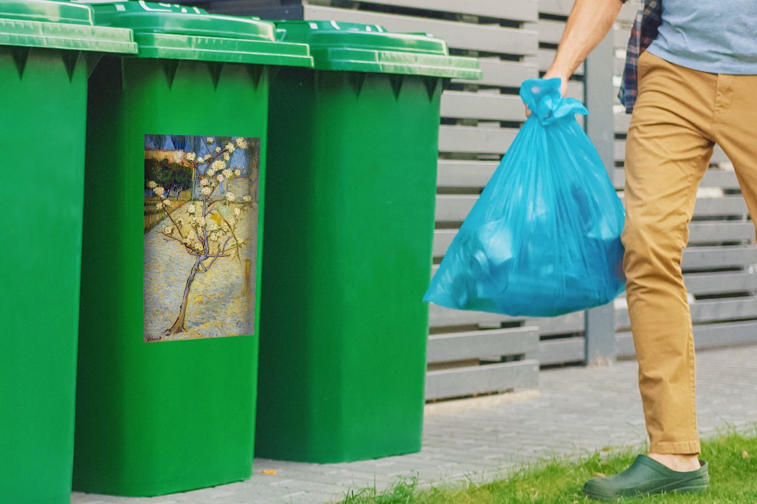 Blühender (1 - Mülltonne, van MuchoWow Gogh Birnbaum Sticker, Vincent St), Mülleimer-aufkleber, Container, Abfalbehälter Wandsticker