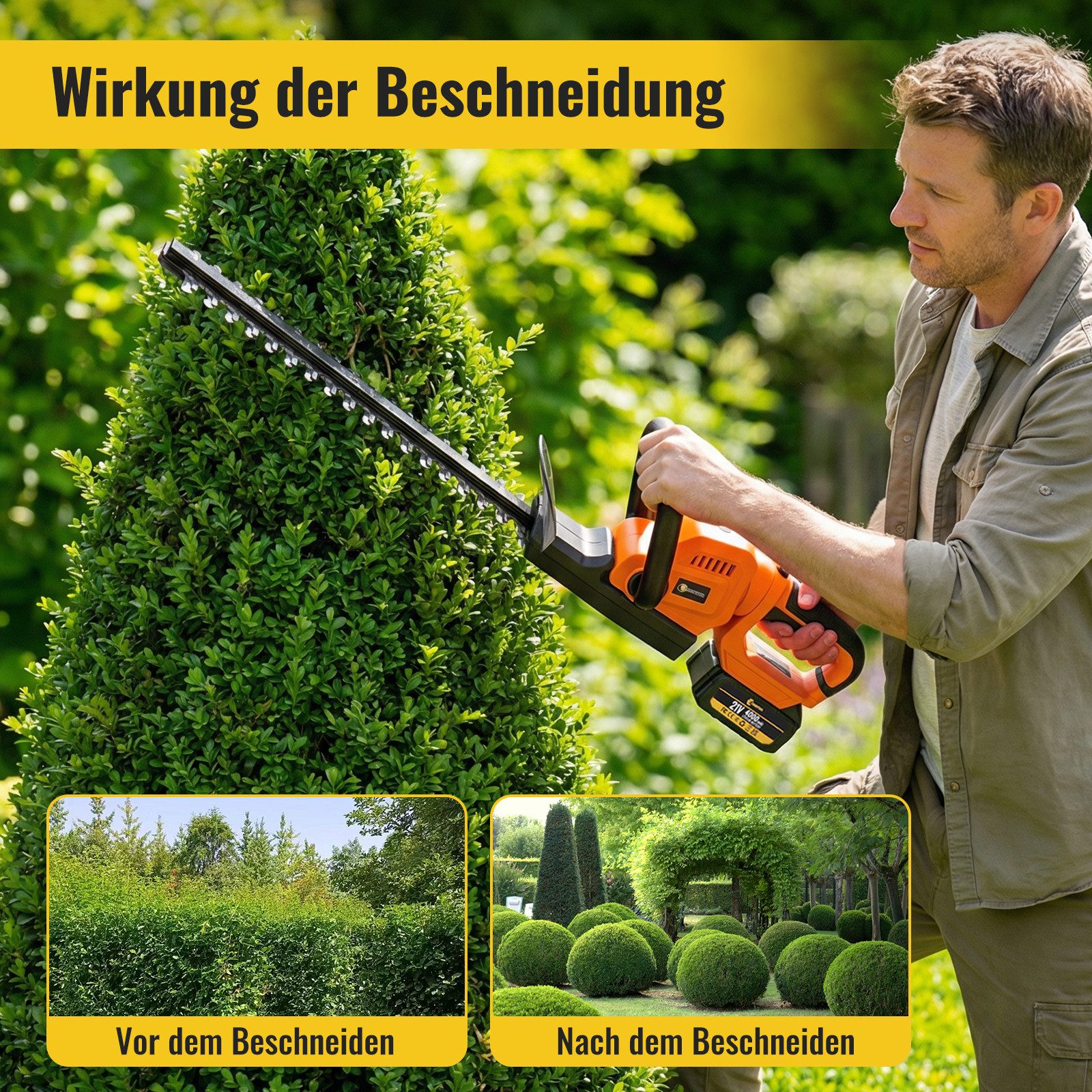 CONENTOOL Akku-Heckenschere 21V Bürstenlos Kabellos, 55 cm Schnittlänge, 2x 4,0Ah Akku, Drehbarer Kopf, Elektrischer Heckenschneider Profi Garten Set – Bild 5 von 5