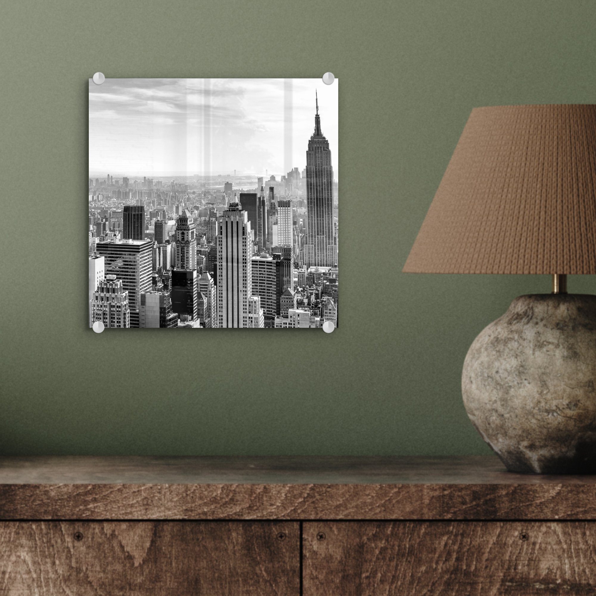 Empire Wandbild Acrylglasbild MuchoWow New Yorker - schwarz - - St), und Bilder Glas Foto Glasbilder State Building weiß, auf (1 auf Wanddekoration Glas -