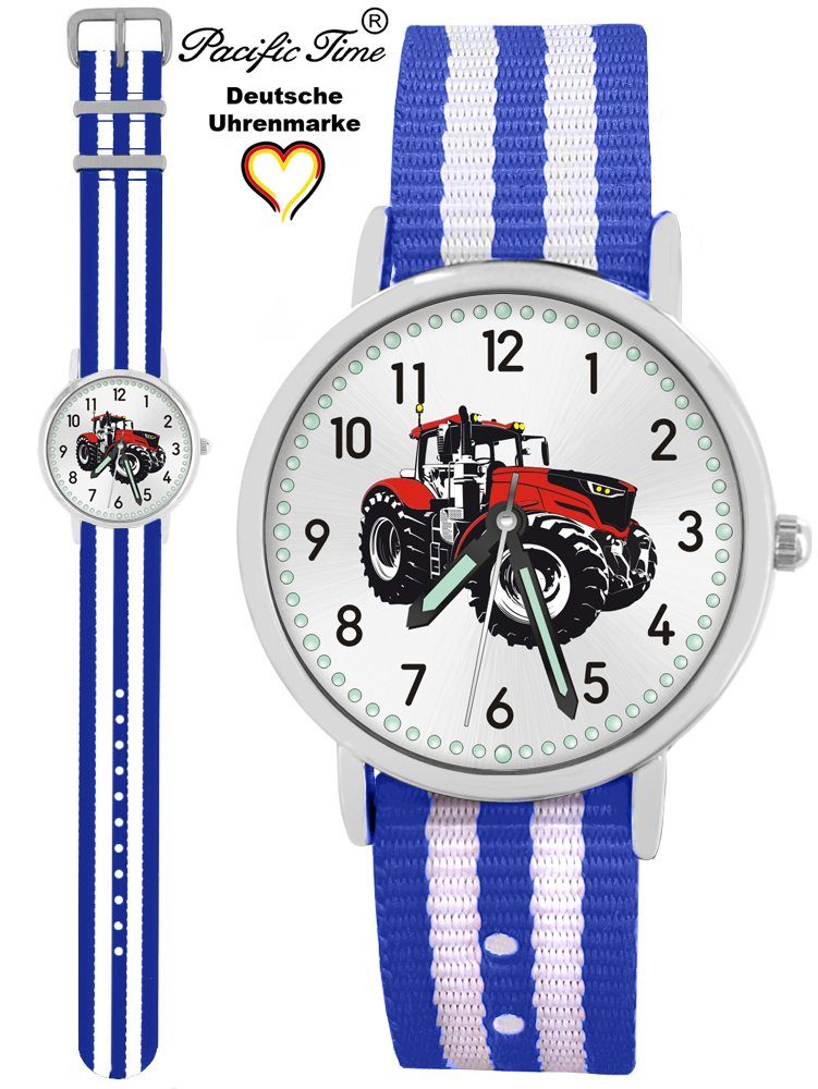 Pacific Time Quarzuhr Kinder Armbanduhr Traktor rot Wechselarmband, Mix und Match Design - Gratis Versand blau weiß gestreift