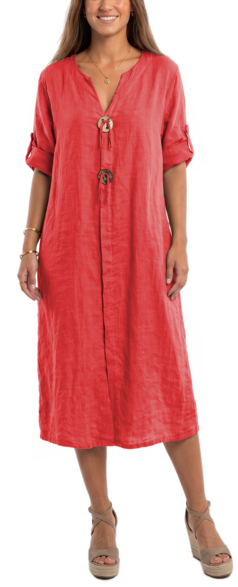 dy_mode Hemdblusenkleid Damen Leinenkleid Midi Hemdblusenkleid mit V-Ausschnitt Freizeitkleid in Unifarbe, V-Ausschnitt, mit seitlichen Eingriffstaschen