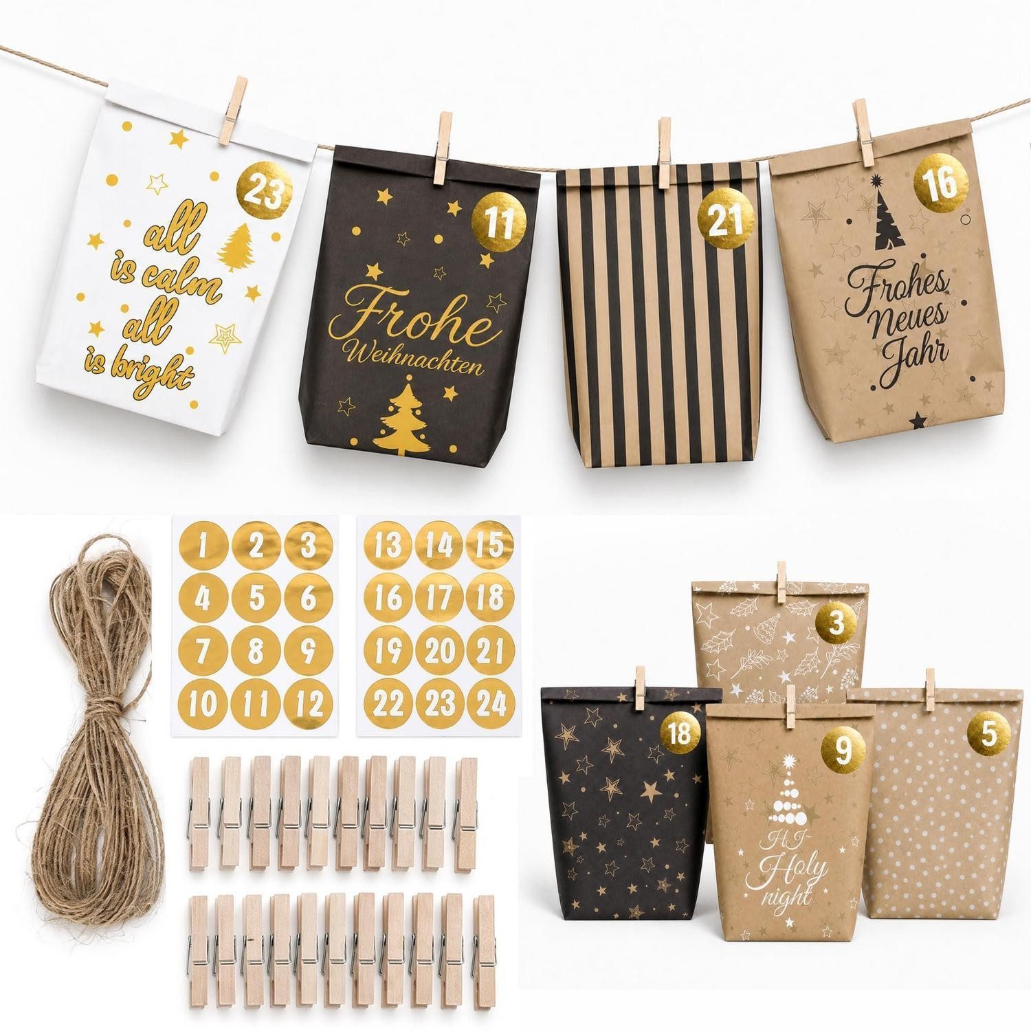 LuxusKollektion befüllbarer Adventskalender Adventskalender Tüten Set 24 Stk. Kraftpapier Schwarz Gold