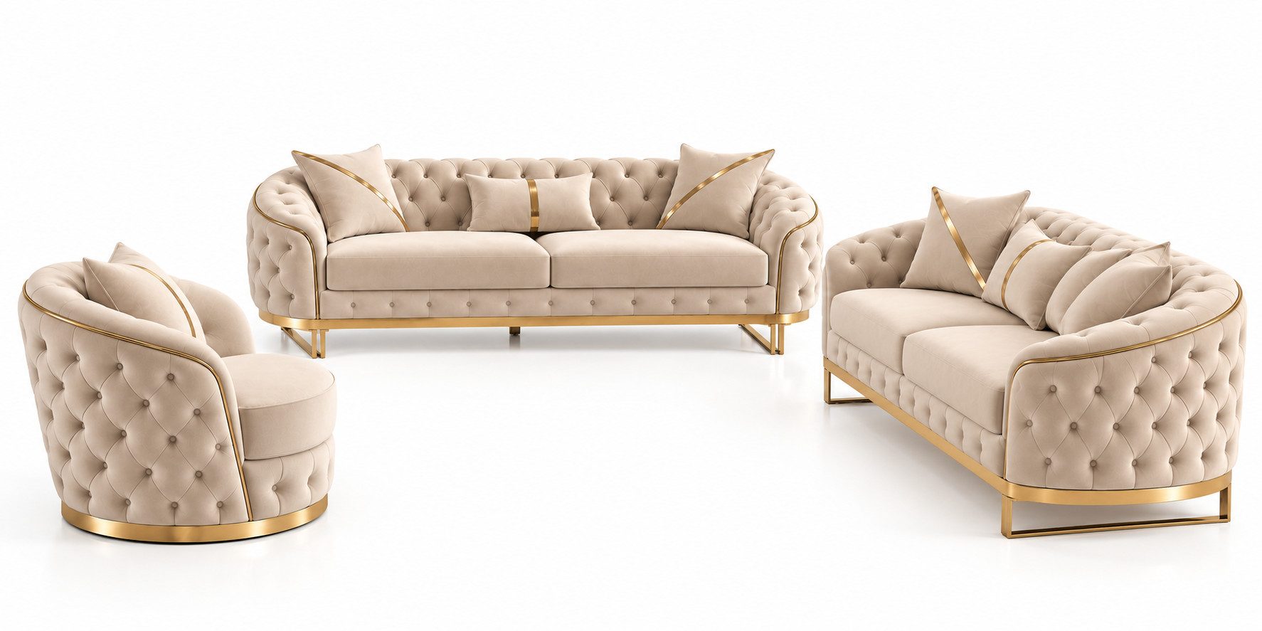 Palms-Store Sofa -Set MIRA mit Knopfheftung in 5 edlen Farbvarianten, Spar-Set, 3-Sitzer + 3-Sitzer + Sessel