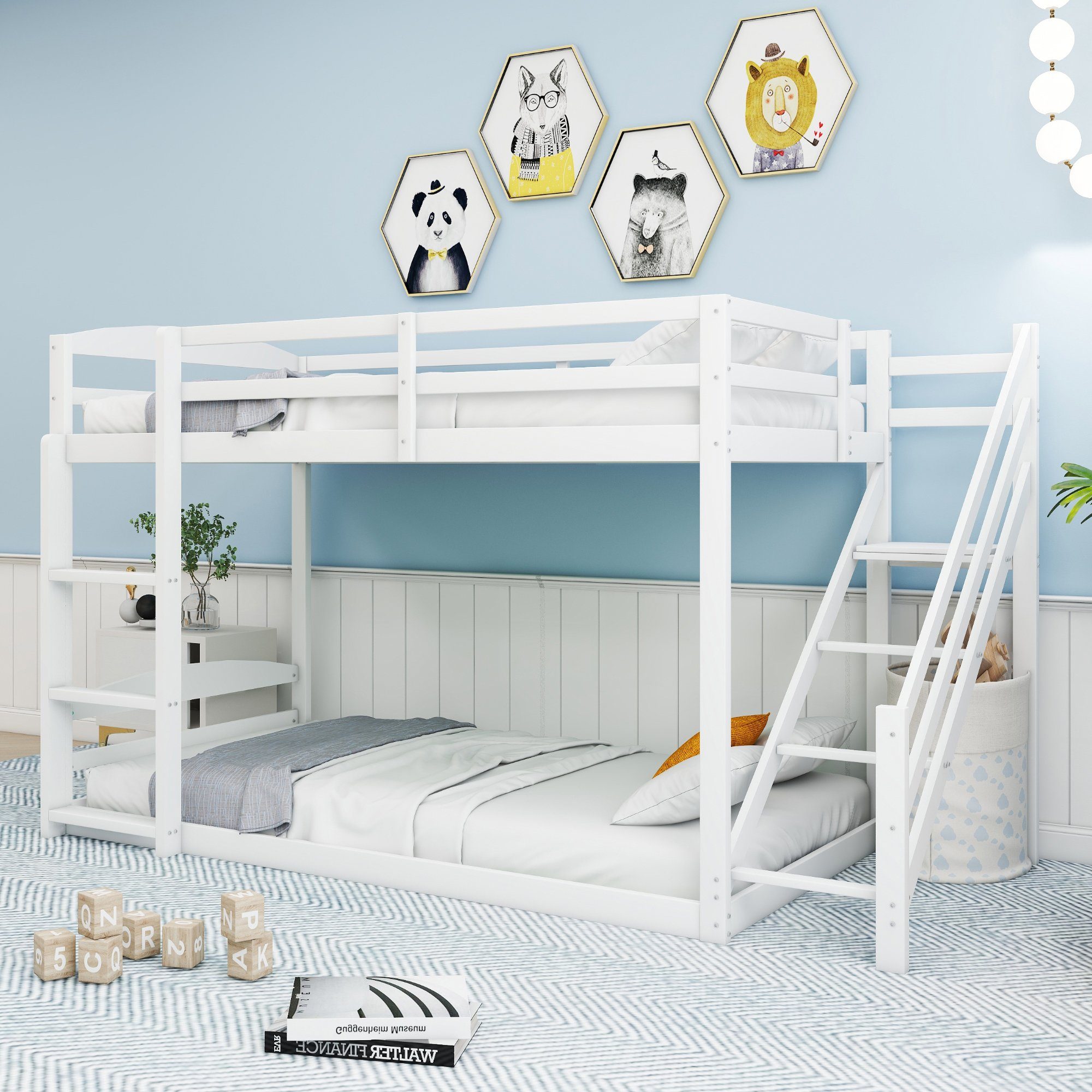 Leiter inkl. Kinderbett, und Kieferholz, weiß cm), Rollrost (90x200 Schlafgelegenheiten, Holzbett Etagenbett mit 2 Rausfallschutz, Jugendbett SOFTWEARY aus