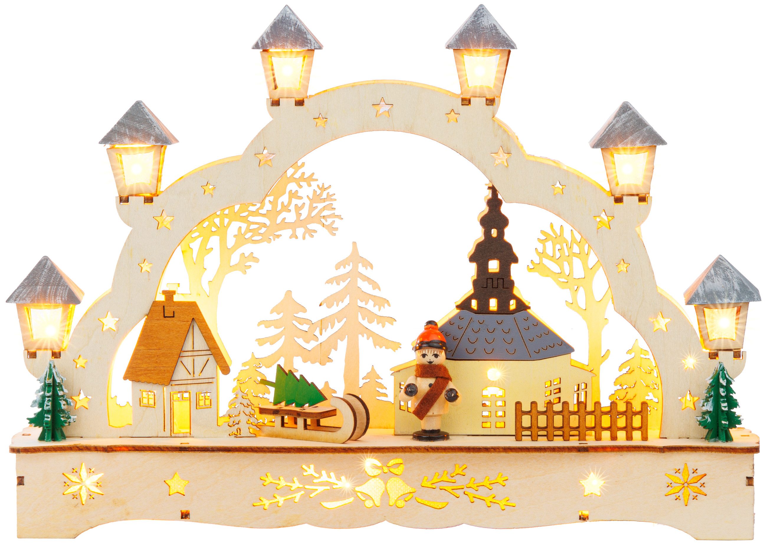 SIKORA Schwibbogen LB60s kleiner LED Holz Lichterbogen Seiffener Kirche B: 27 cm, batteriebetrieben - sanft beleuchtet für sinnliche Weihnachten