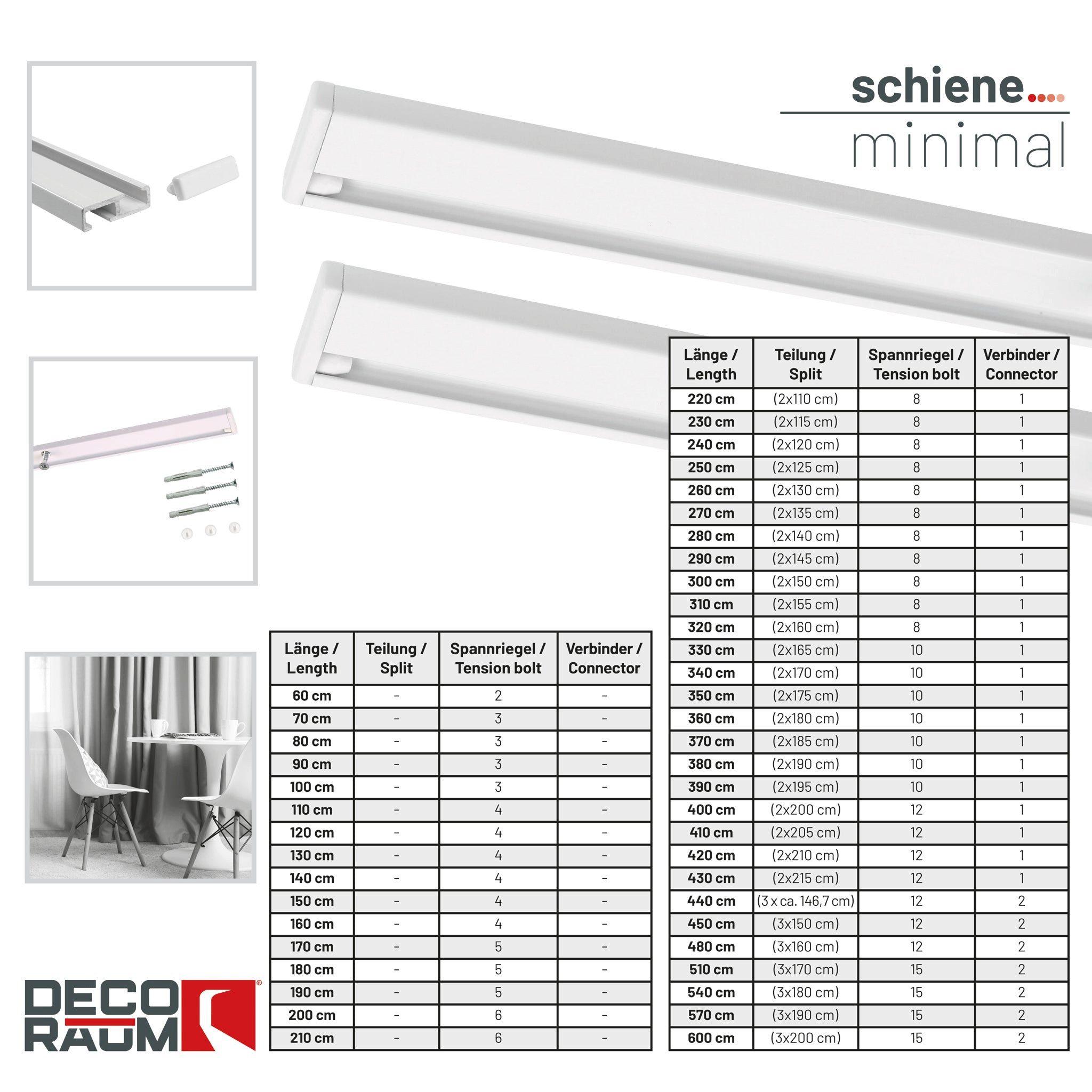 Deco-Raum Gardinenschiene Minimal, 1-läufig, kürzbar, Wunschmaßlänge, Deckenmontage, verschraubt, Aluminium, Komplett-Set vorgebohrt