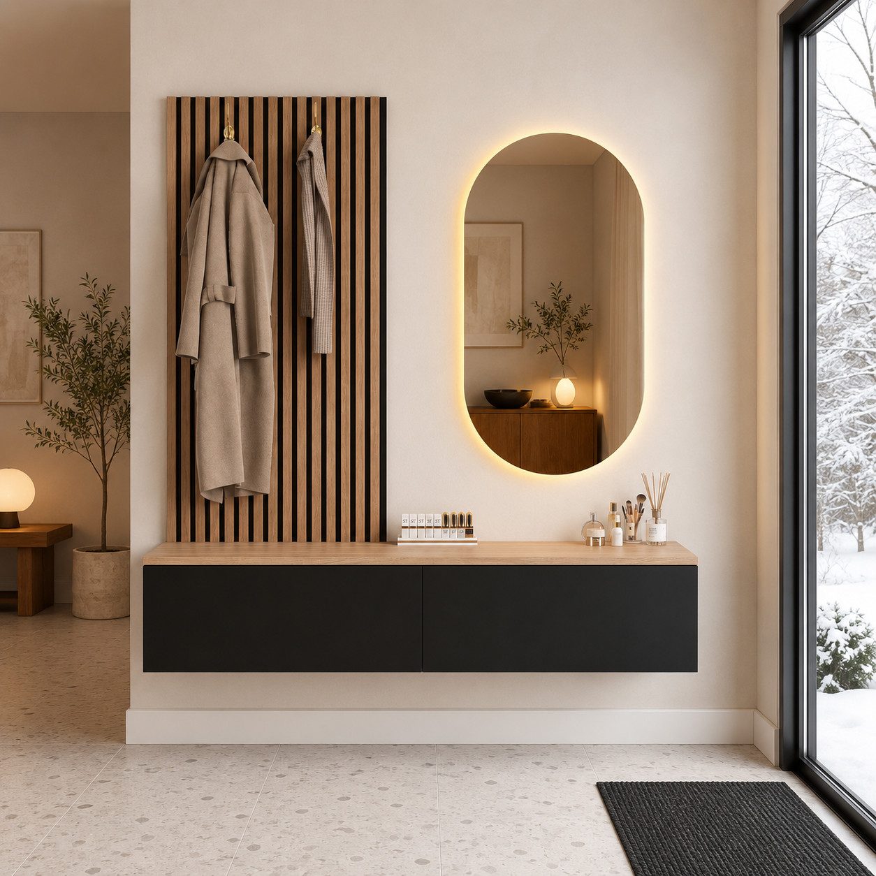 Flieks Garderoben-Set Kompaktgarderobe Kleiderhaken, Spiegel LED-Beleuchtung, Schminktisch, (Wandmontage Flurmöbel-Set Holzoptik Natur&Schwarz, 3-St., 140x38x150 cm), Paneel mit 2 Haken, ovale Spiegel, Hängeschrank mit 2 Schubladen