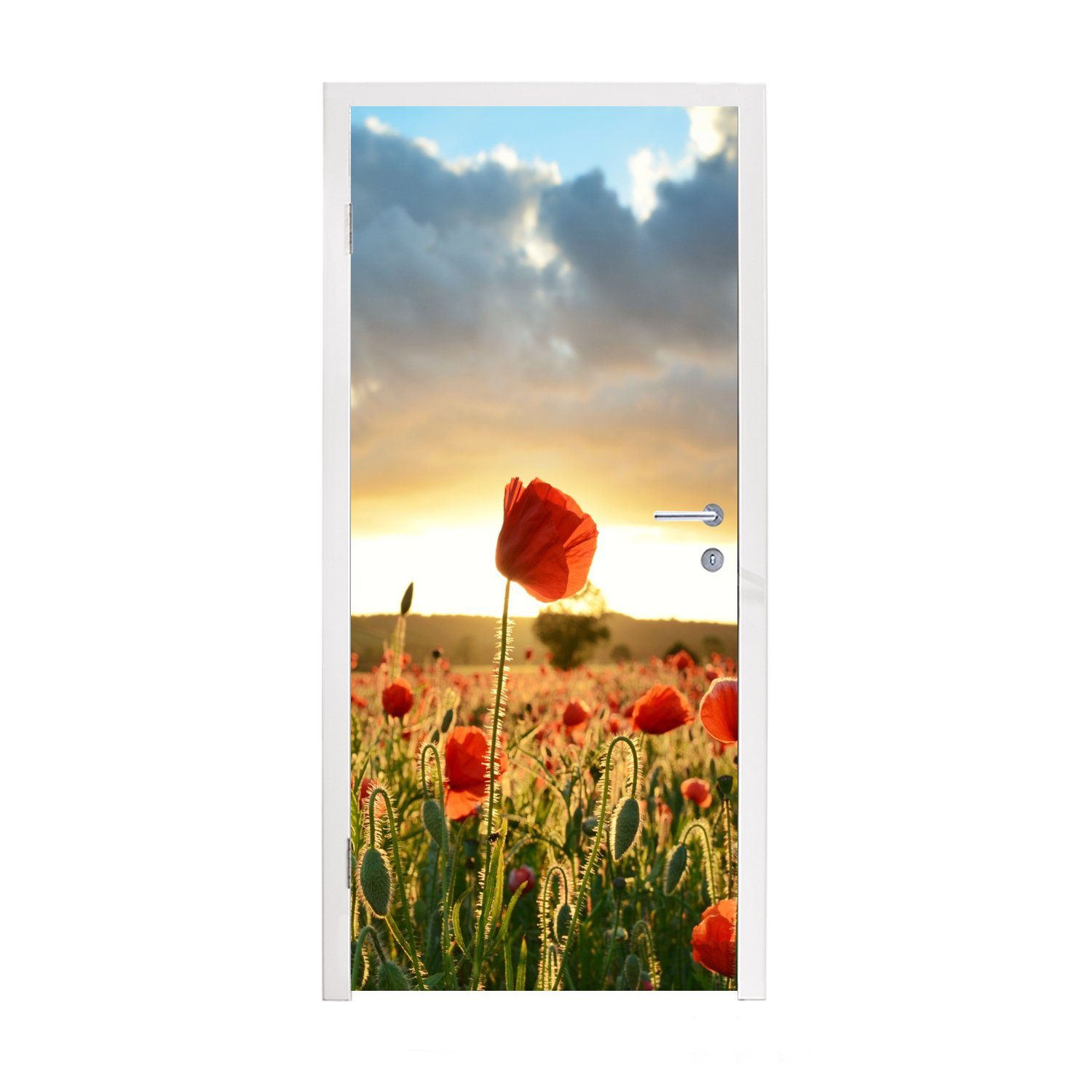 MuchoWow Türtapete Bunter Himmel über vielen Mohnblumen, Matt, bedruckt, (1 St), Fototapete für Tür, Türaufkleber, 75x205 cm