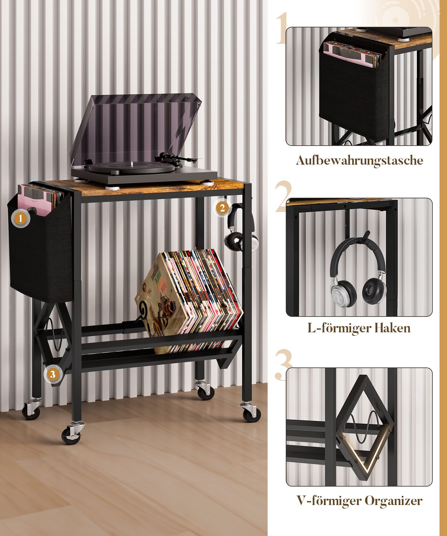 Yorbay Beistelltisch Schallplatten Regal, 4 Lenkrollen & CD-Regal, Plattenspielerständer – Bild 3 von 5