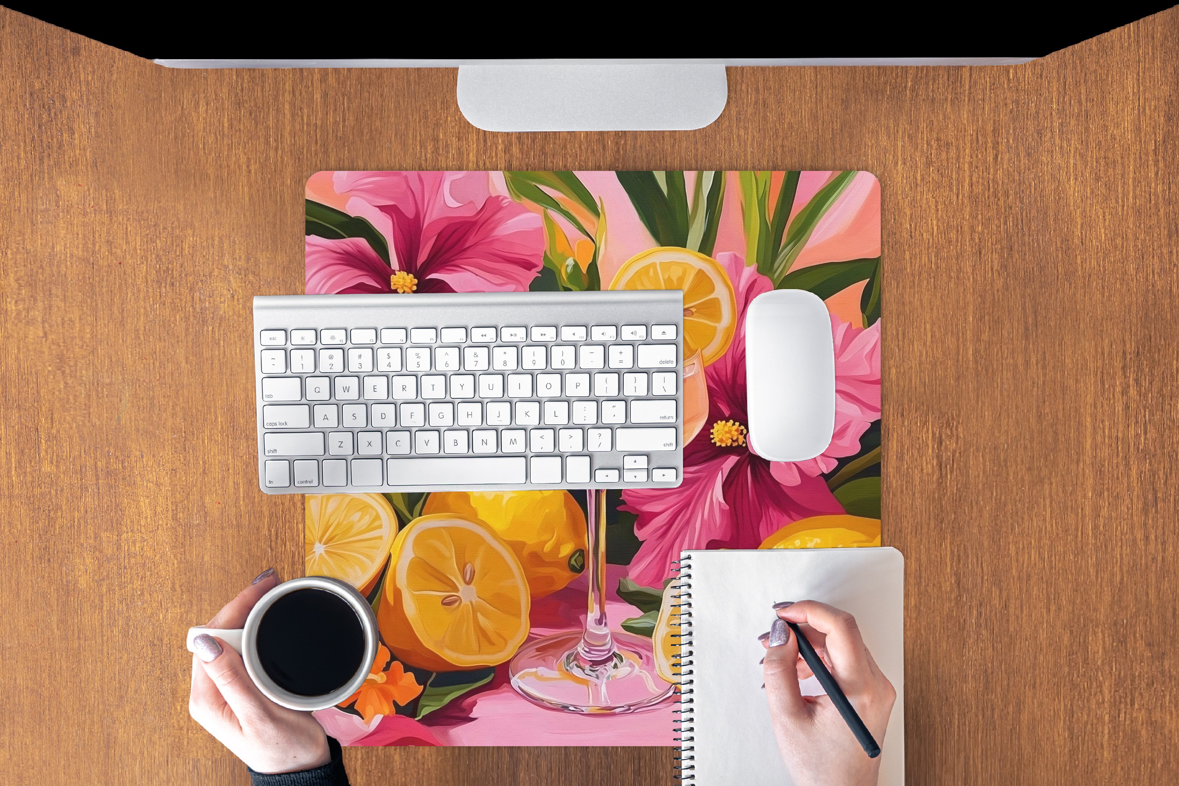 MuchoWow Mauspad Getränk - Blumen - Gelb (1-St), Mouse pad groß, Schreibtisch Zubehör, Desk Mat, 50x50 cm