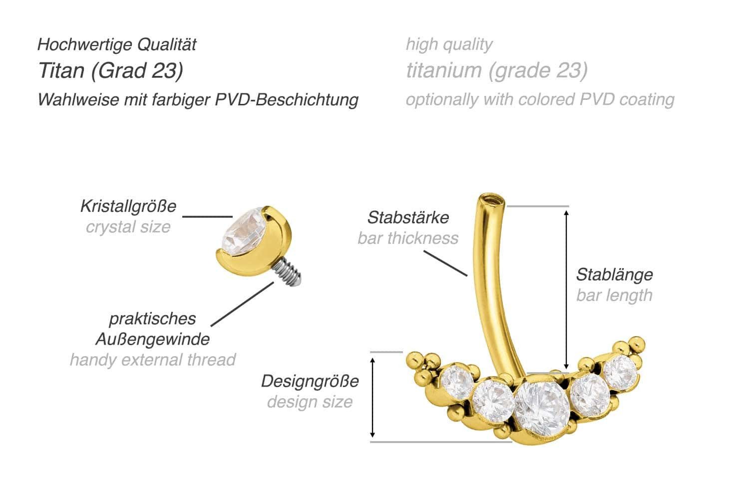 PIERCINGLINE Bauchnabelpiercing Titan Bananabell mit Innengewinde 5 KRISTALLE + KUGELN (Bananabells, 1-tlg) – Bild 3 von 3